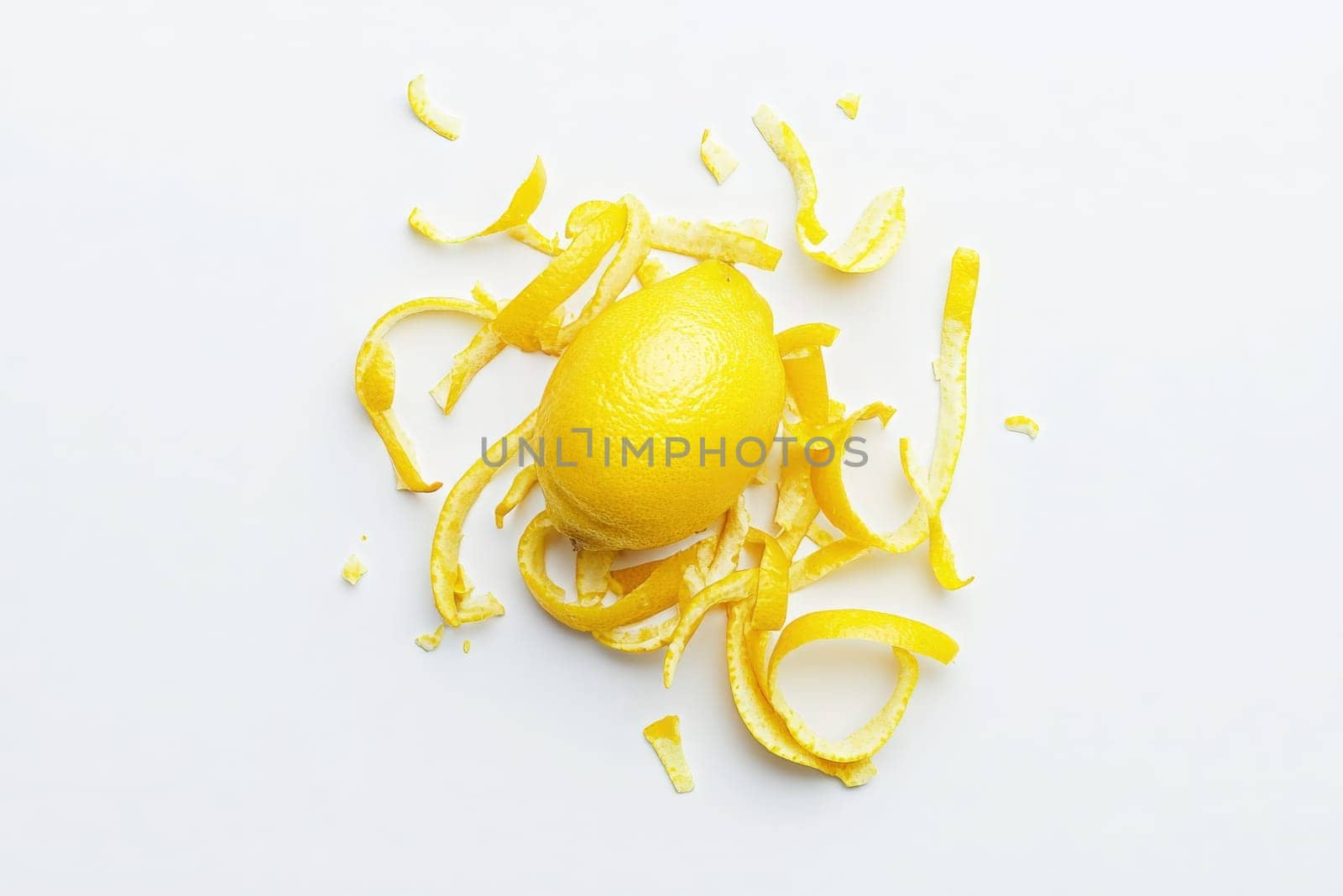 Bright yellow lemon zest is beautifully arranged with fresh peel scattered around it. This vibrant composition highlights the zests texture, ideal for enhancing dishes or drinks.