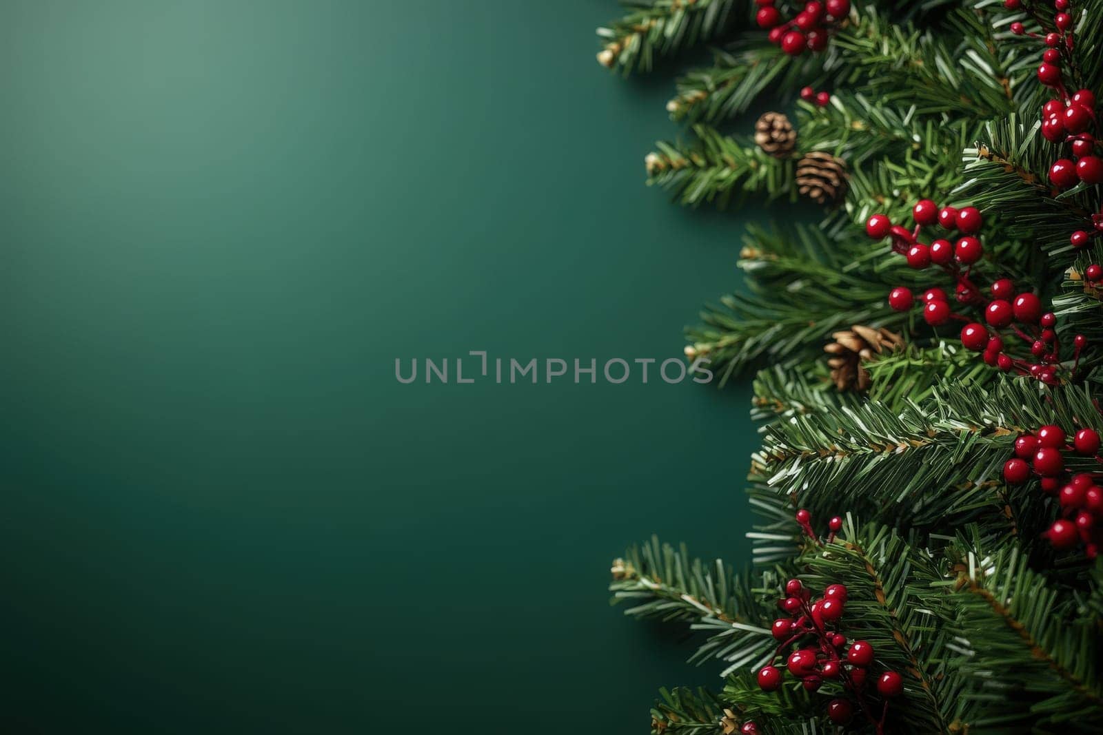 A collection of festive holiday garlands features lush green foliage, bright red berries, and pinecones against a solid dark green background, evoking a cozy winter atmosphere.