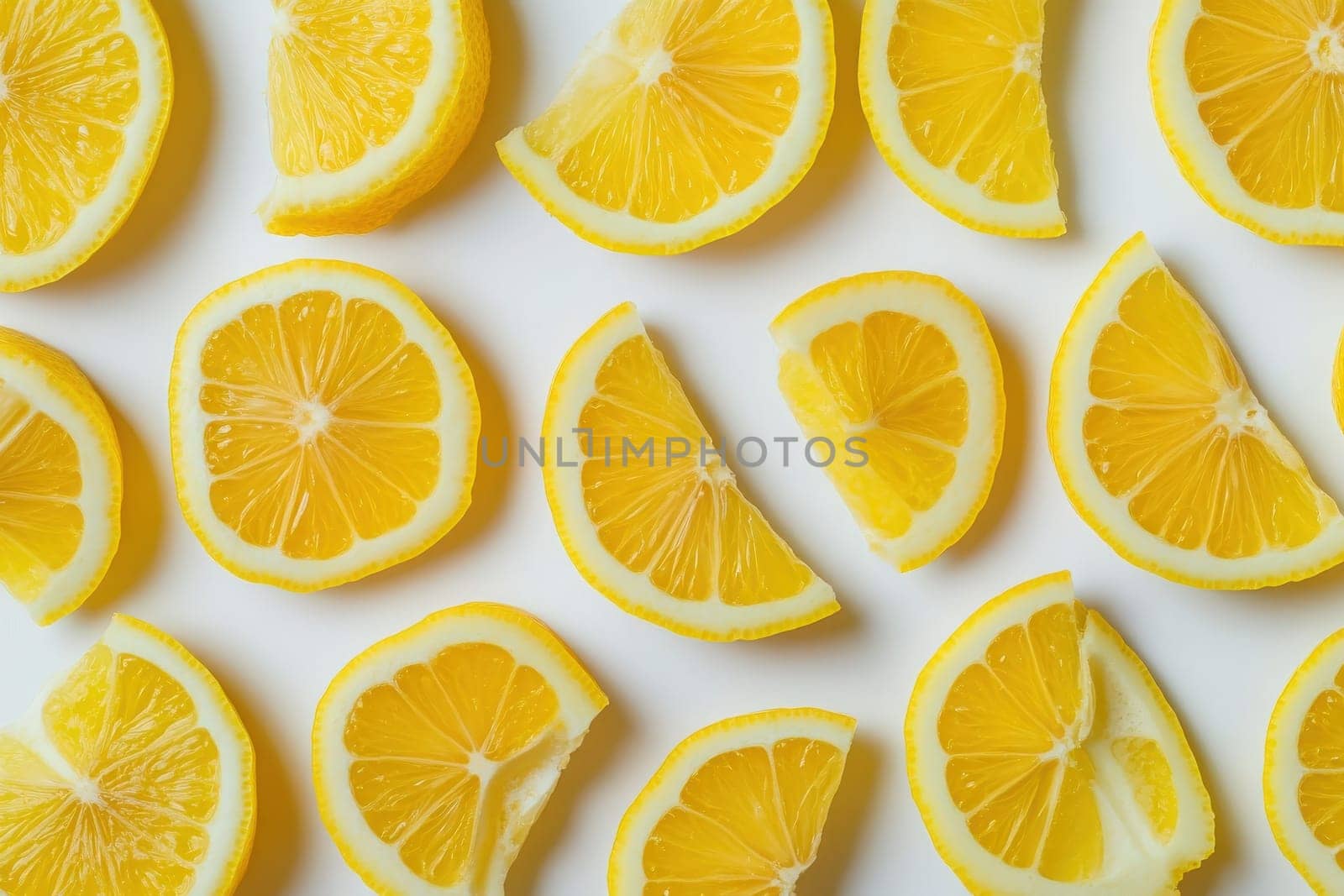 Vibrant lemon wedges are neatly arranged in an eye-catching pattern on a clean white background, emphasizing their bright yellow color and refreshing appeal.