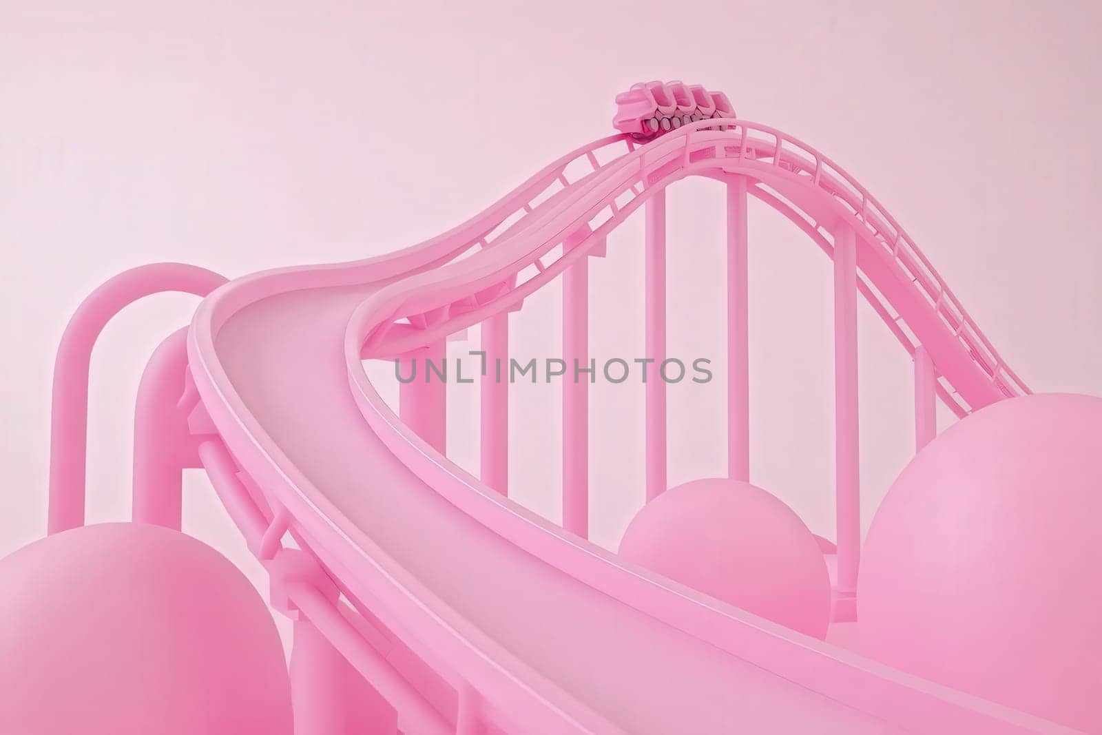The rollercoaster races along its track, featuring bright pink colors and playful designs.