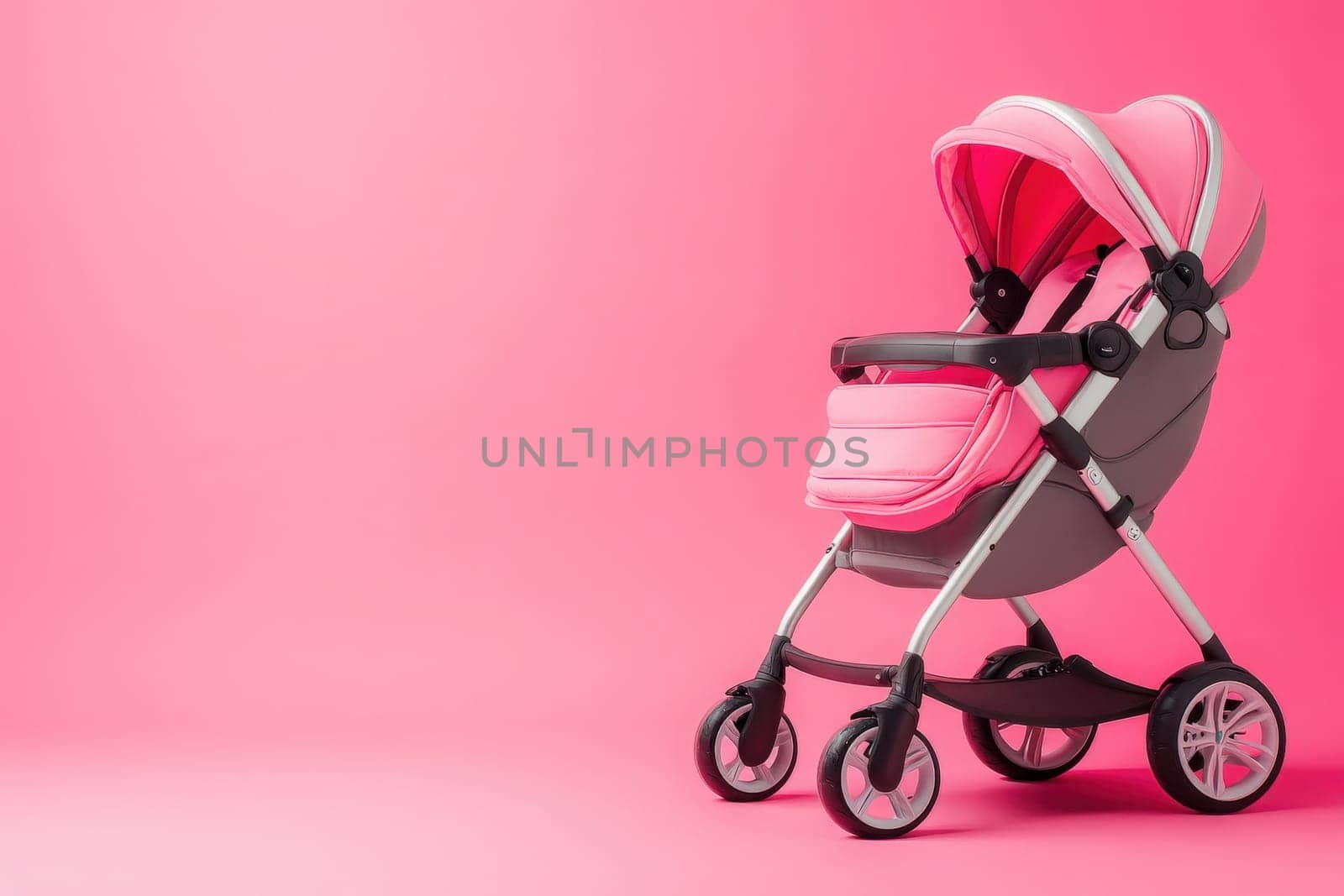 This lightweight baby pram features a bright pink design and is placed on a clean solid pink background, showcasing its modern style, ideal for parents seeking comfortable mobility for their infants.