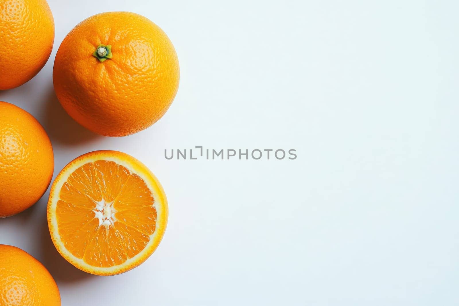 A collection of fresh oranges showcases their bright color against a clean white background, inviting a sense of freshness and health. One orange is sliced in half, revealing its juicy interior.