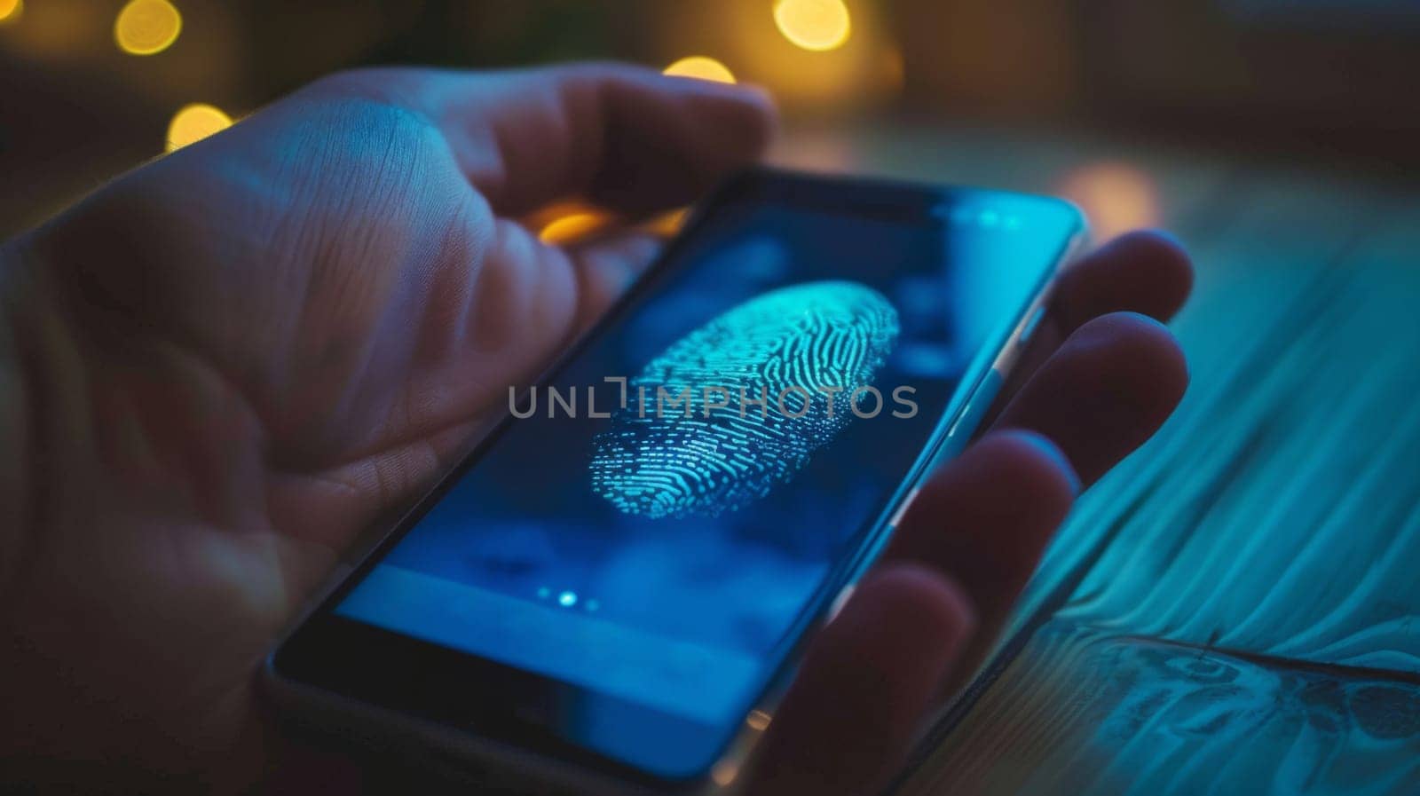 Fingerprint scanning on smartphone screen representing technology security, AI Generated