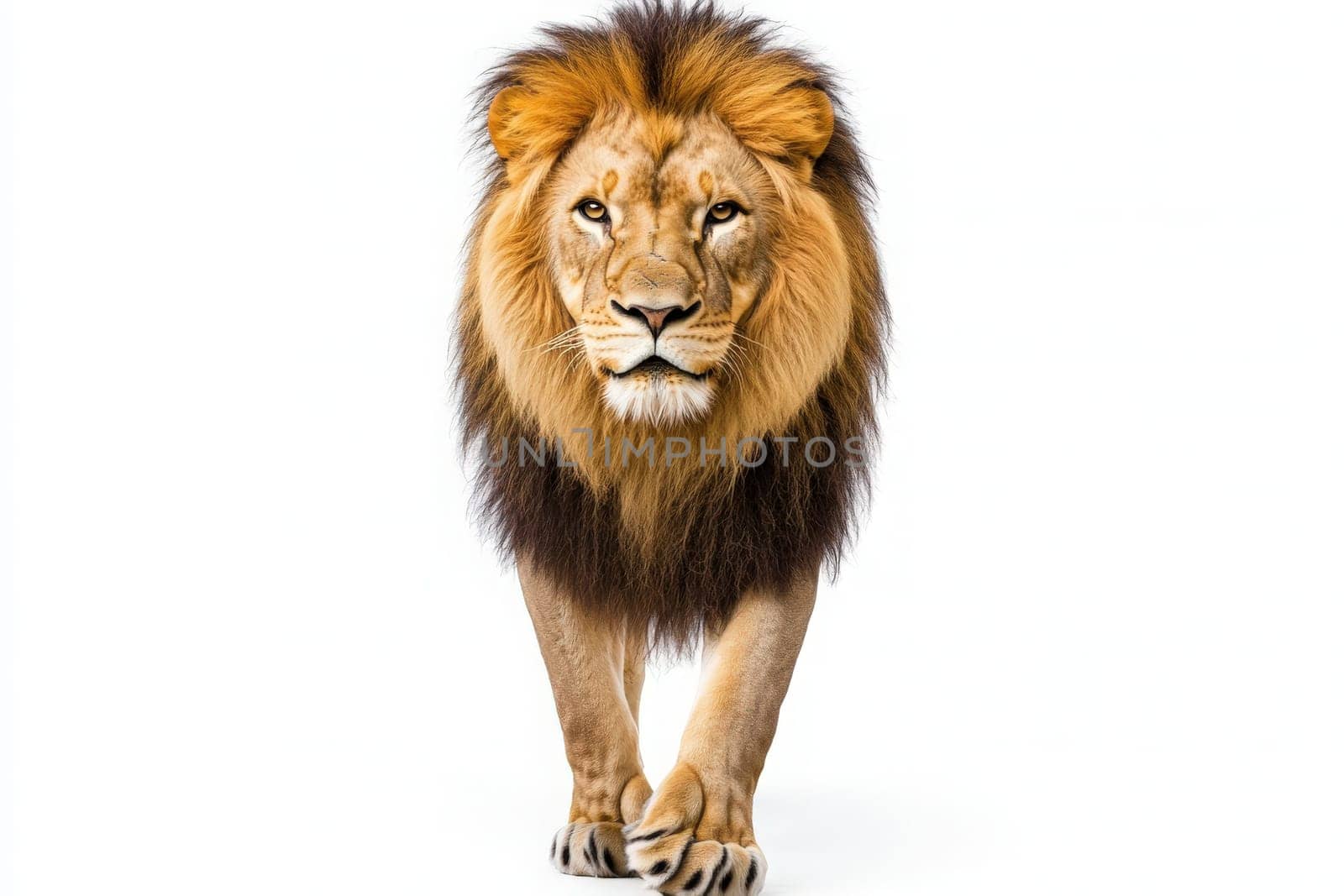 A powerful lion with a flowing mane stands boldly at the center, exuding strength and grace. Its gaze captures the essence of wildness, emphasizing its regal presence in stark isolation.