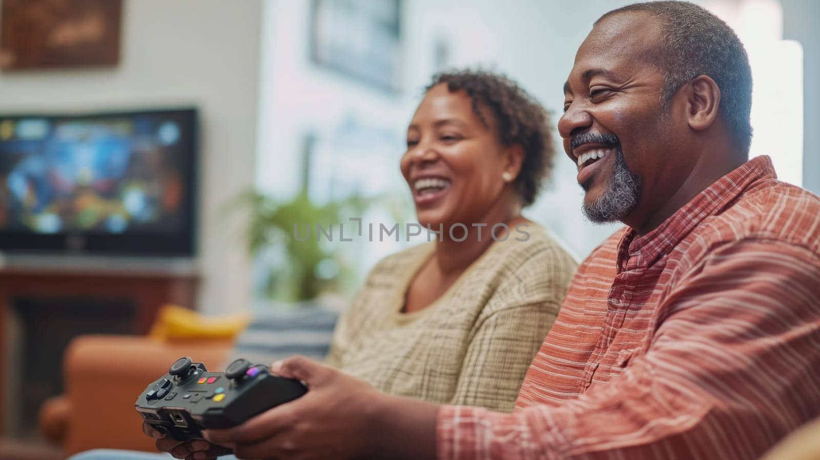 Senior african american couple enjoying video games together, concept of fun and bonding, AI Generated