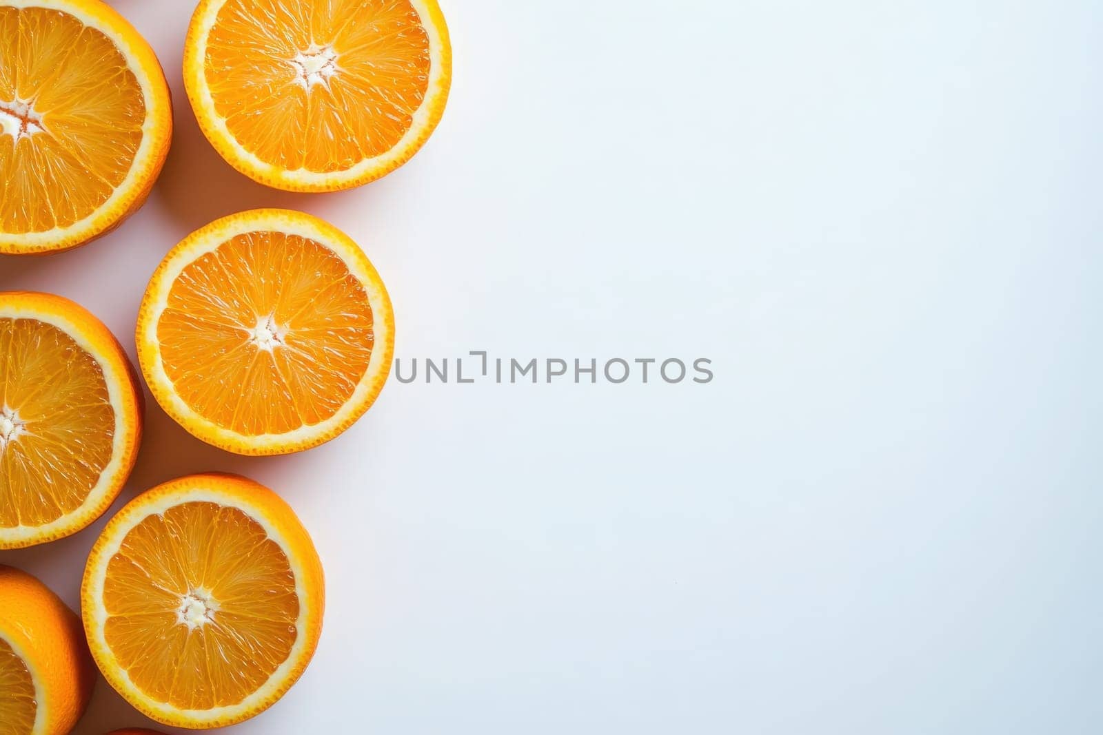 Bright, juicy oranges are carefully sliced and displayed on a pristine white backdrop, highlighting their vibrant color and freshness. Perfect for showcasing seasonal produce or healthy eating.