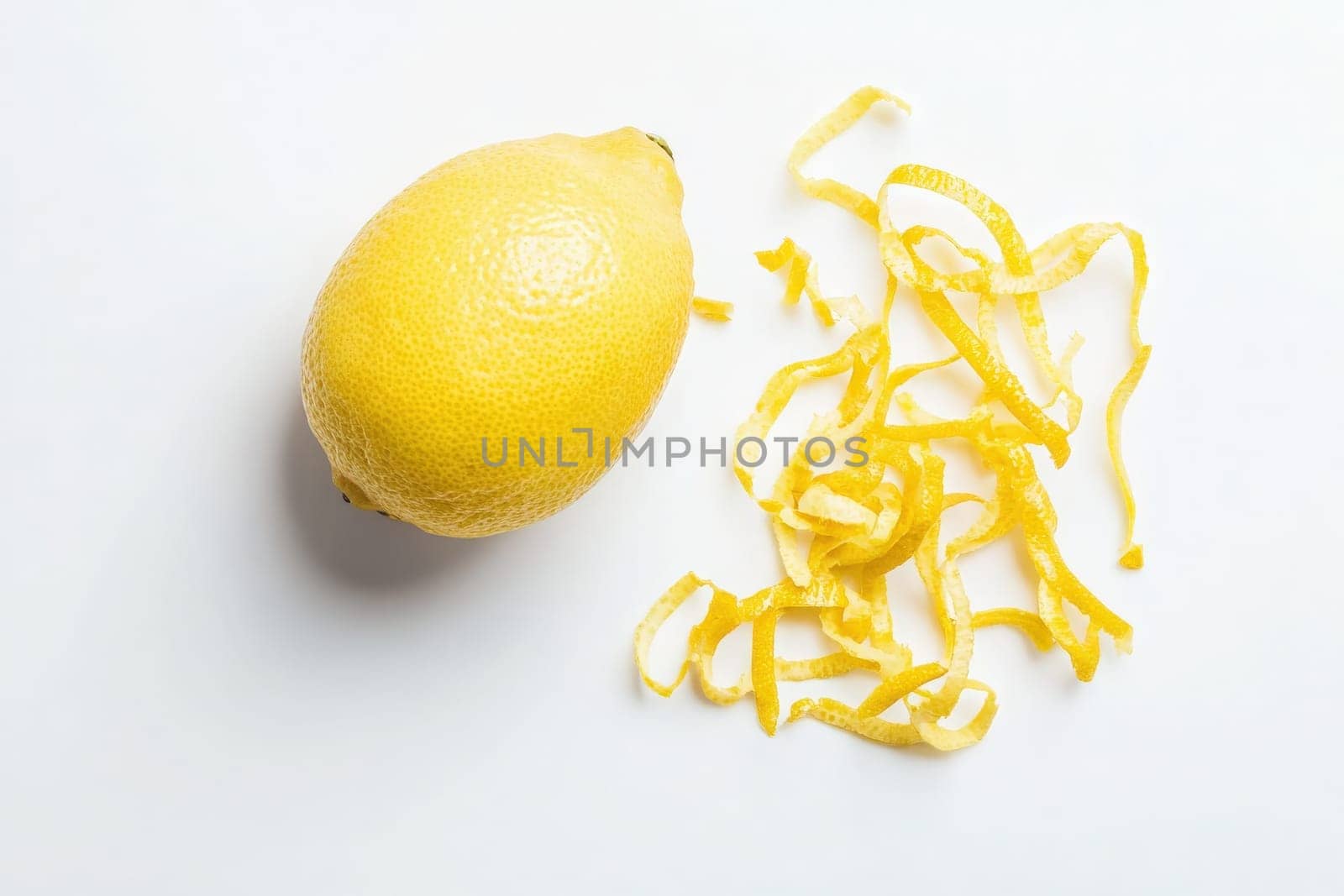 A vibrant whole lemon lies next to finely sliced lemon zest, showcasing the bright yellow color and fresh aroma. This arrangement highlights the fruits culinary potential and zests texture.