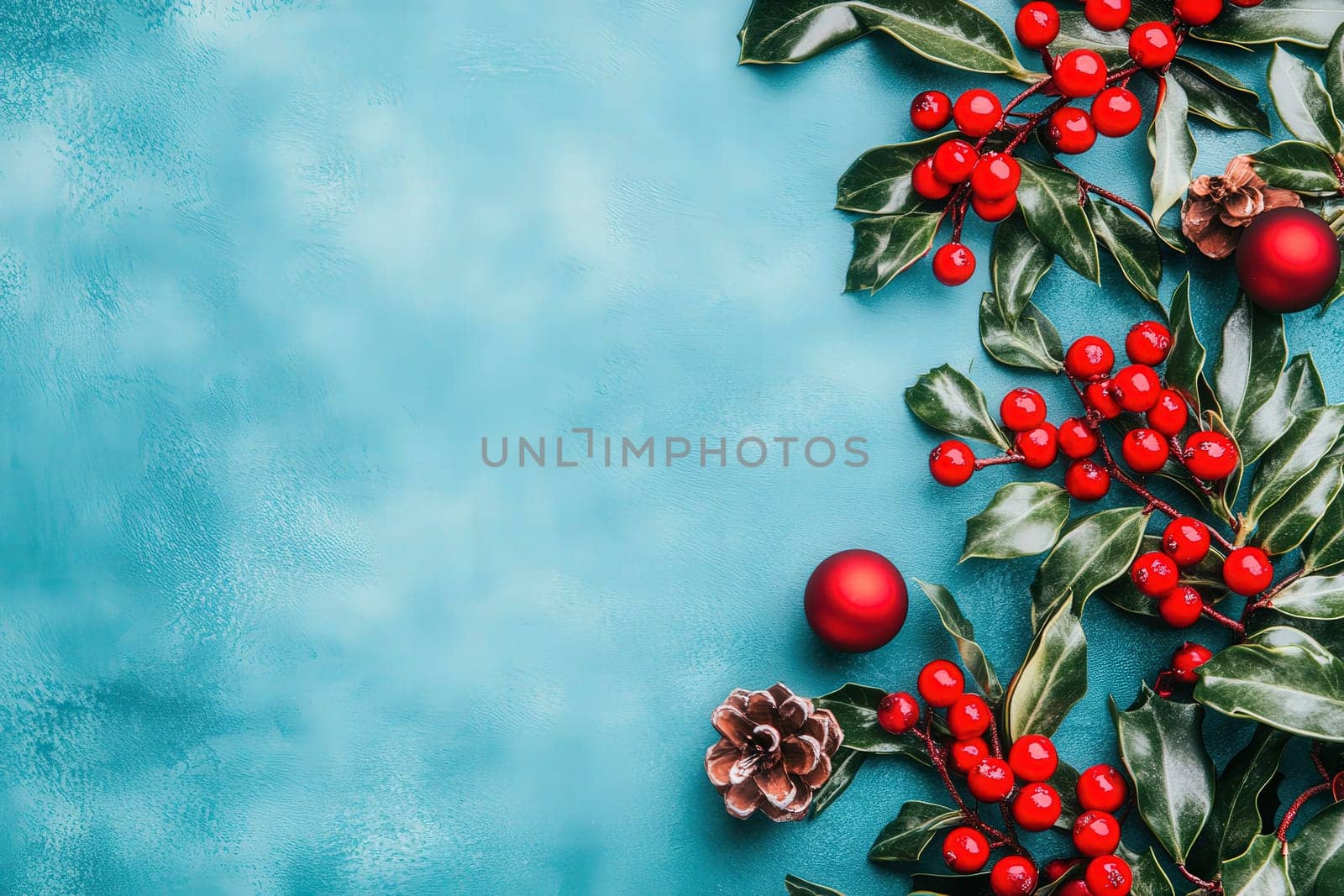 Brightly colored holiday garlands adorned with red berries and pine cones create a festive decoration against a smooth blue background, perfect for seasonal celebrations and gatherings.