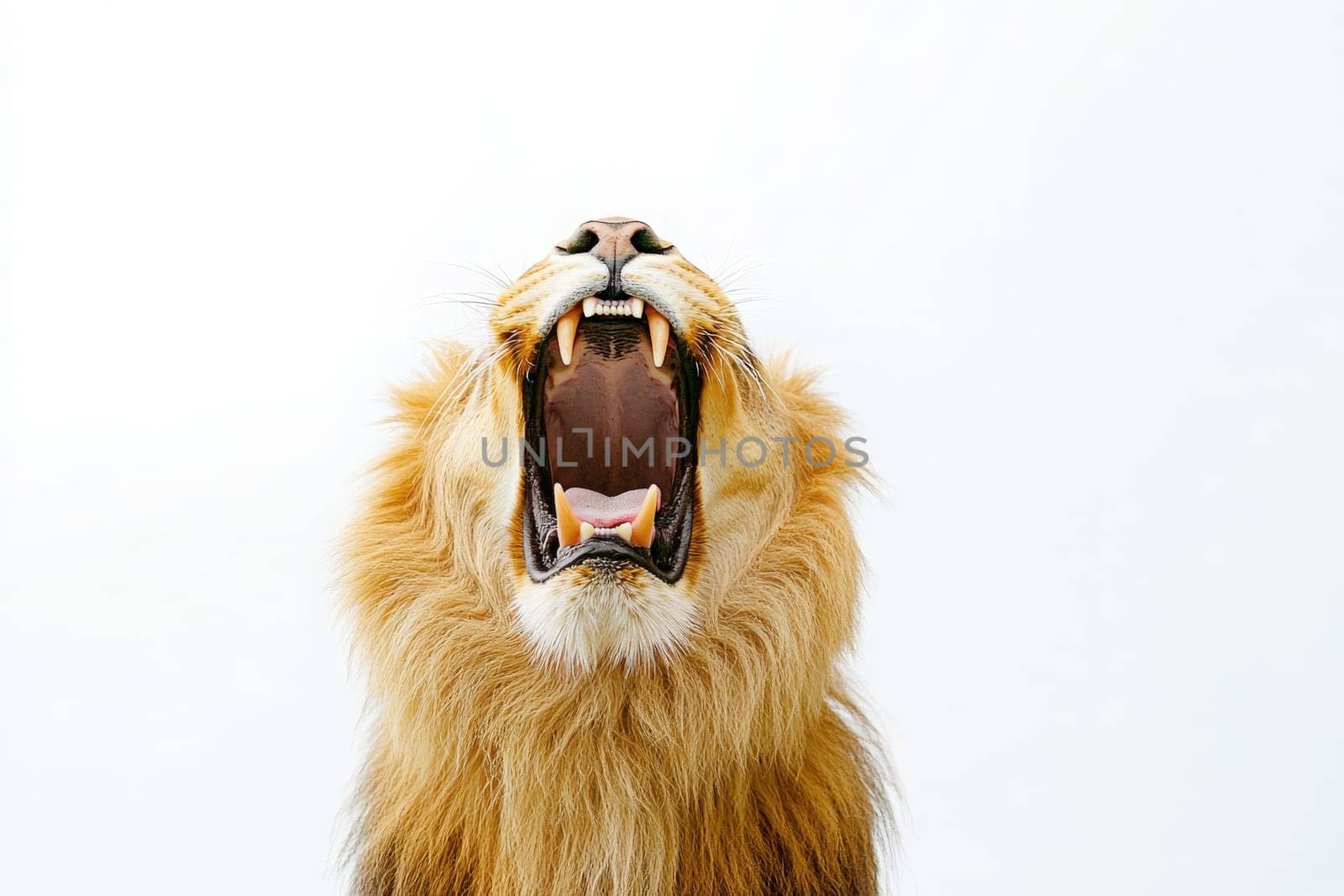 A powerful lion is isolated at the center, its mouth wide open in a roar. The environment is minimalistic, highlighting the lions majestic features and intense expression.