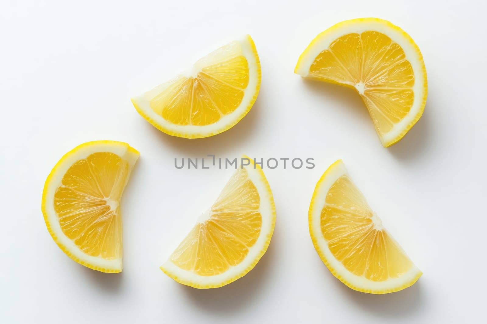 A collection of vibrant lemon wedges is elegantly displayed in the center against a pure white background. The citrus fruit showcases its juicy texture and bright color, perfect for enhancing dishes.