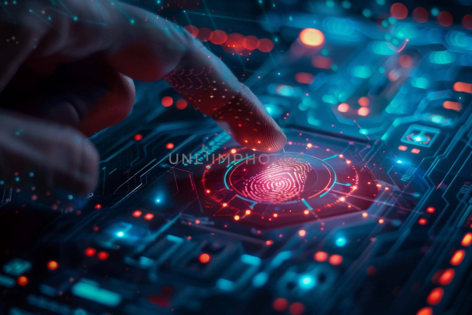 Finger touching digital fingerprint scanner on glowing virtual keyboard, identification concept, AI Generated
