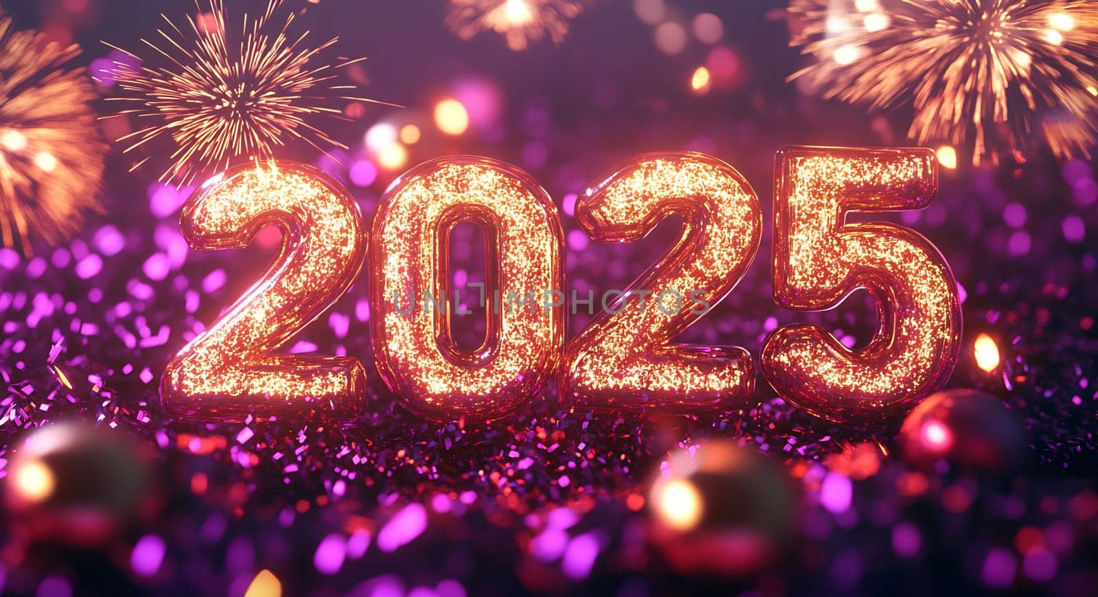 The year 2025 is marked by vibrant fireworks and shiny decorations creating a joyful atmosphere for New Year celebrations.