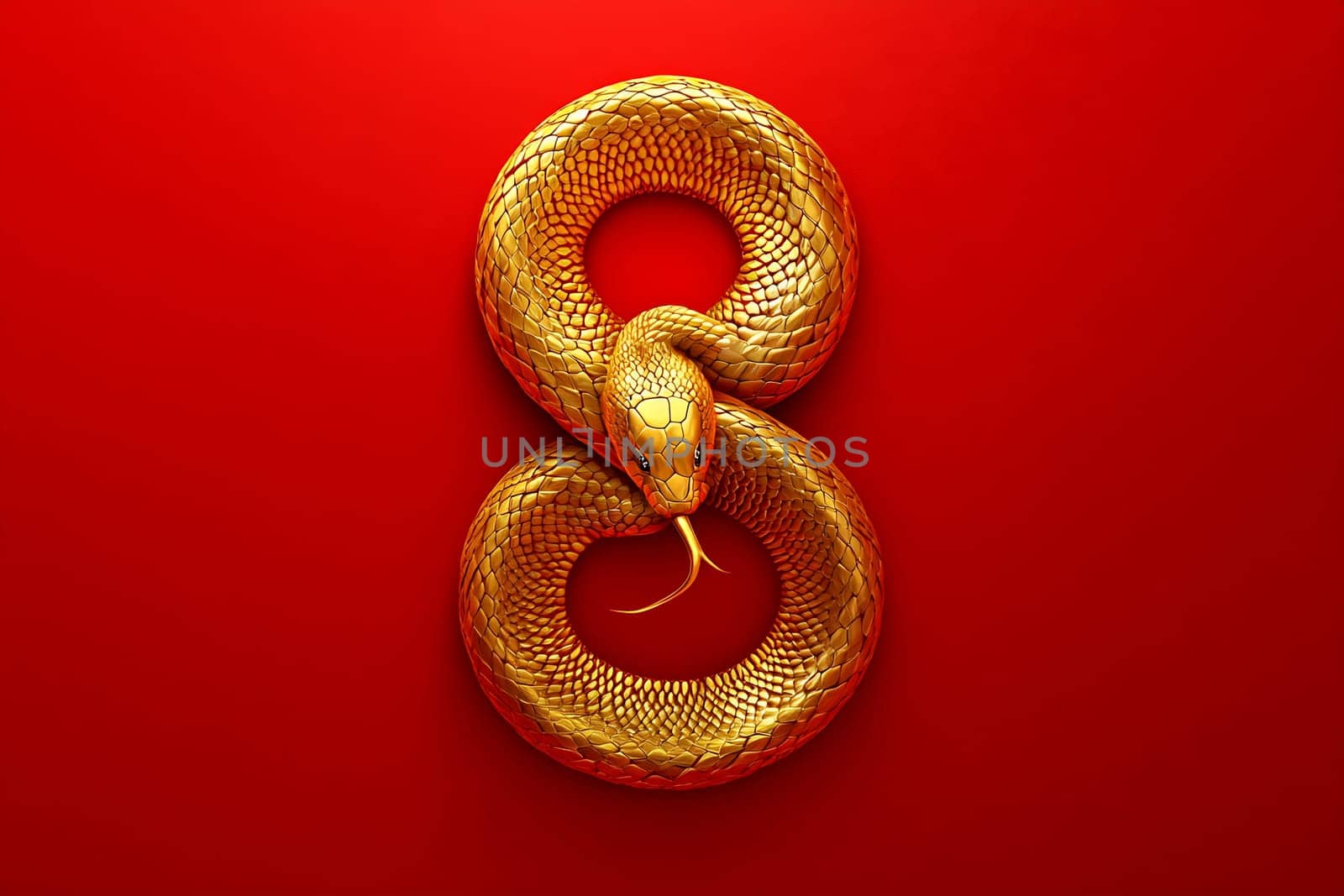 A golden snake intricately coiled to form the number eight, resting on a rich red background that enhances its striking appearance.