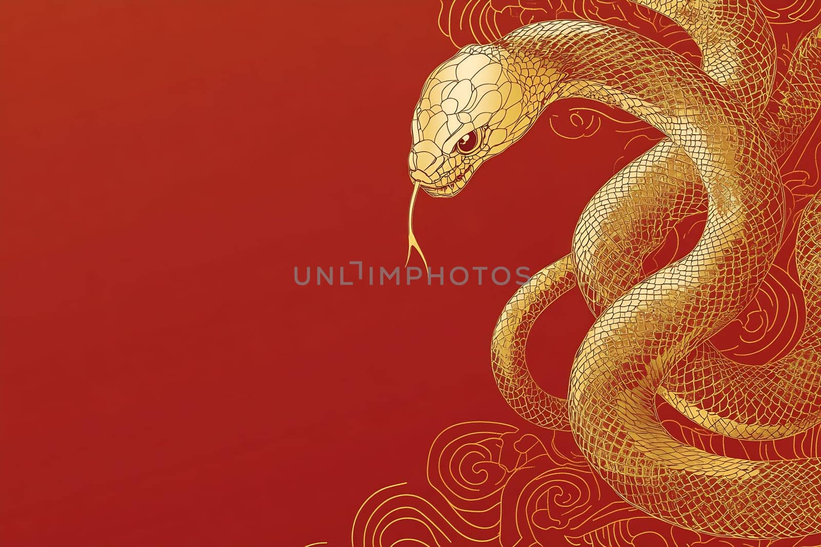 An intricately designed golden snake slithers, capturing the essence of creativity and transformation against a vibrant red backdrop.