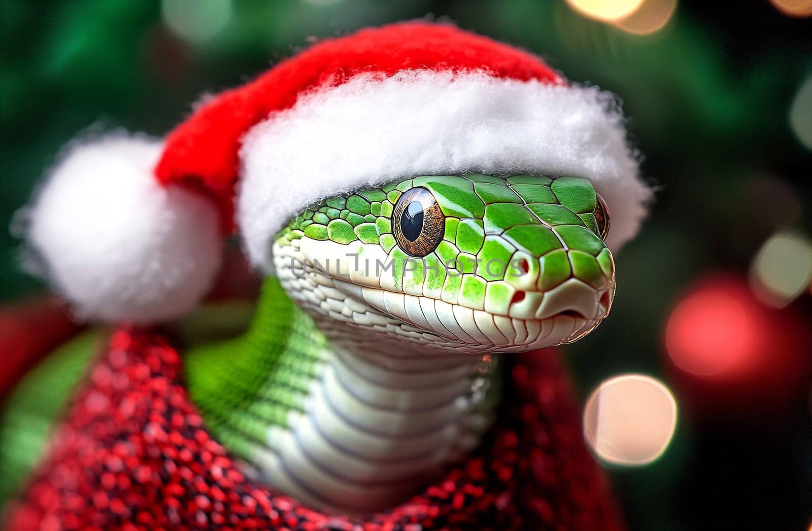 A green snake adorned in a Santa hat and red sweater poses cheerfully in front of a brightly decorated Christmas tree.