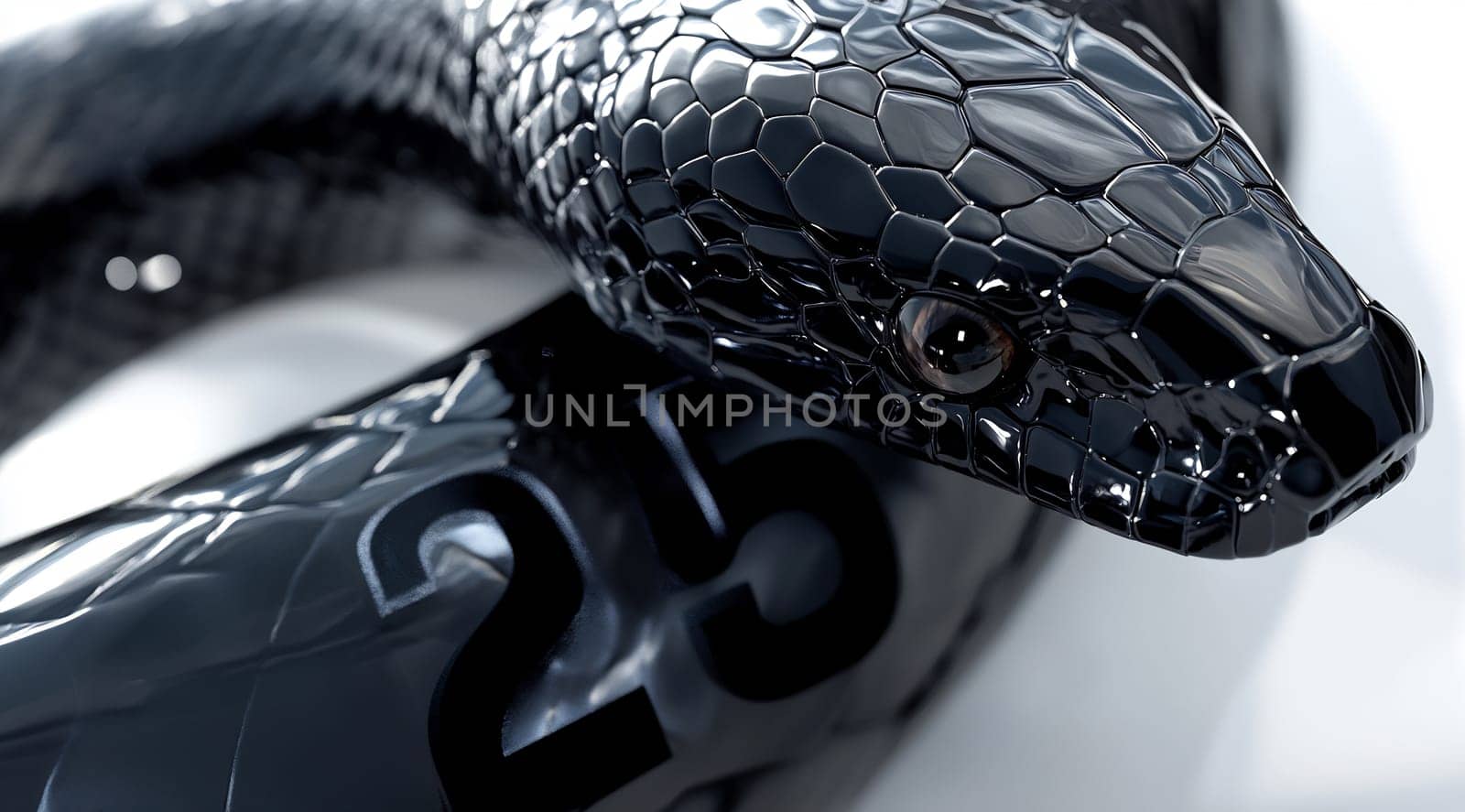 This striking black snake glistens as it coils around the number 25, showcasing intricate scale patterns and a reflective surface.
