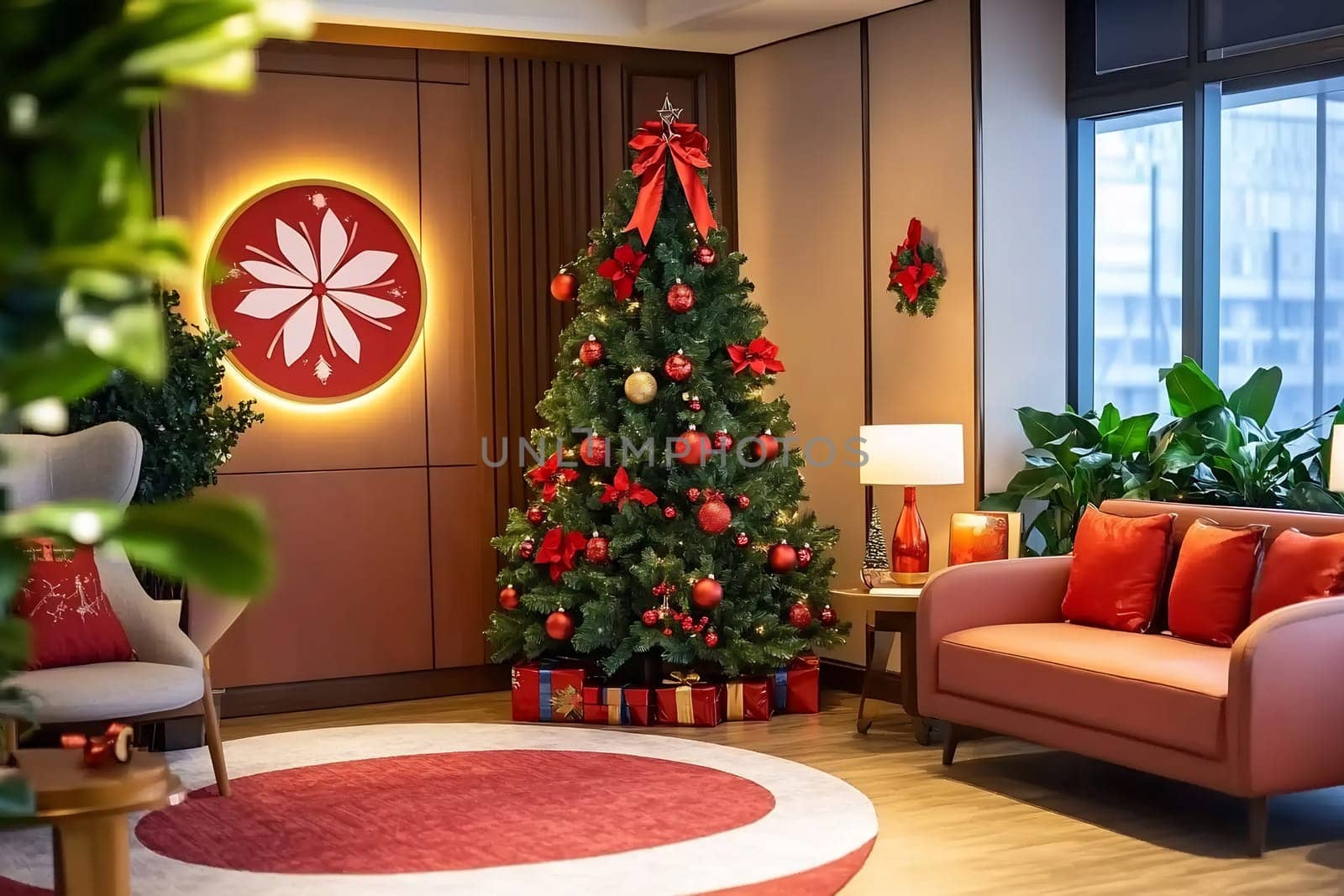 A cozy living room features a decorated Christmas tree, colorful ornaments, and holiday decorations, creating a festive atmosphere for the season.