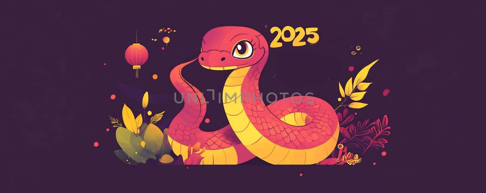 A stylized snake, vibrant in color, symbolizes the Year of the Snake for 2025, surrounded by flowers and festive decorations.