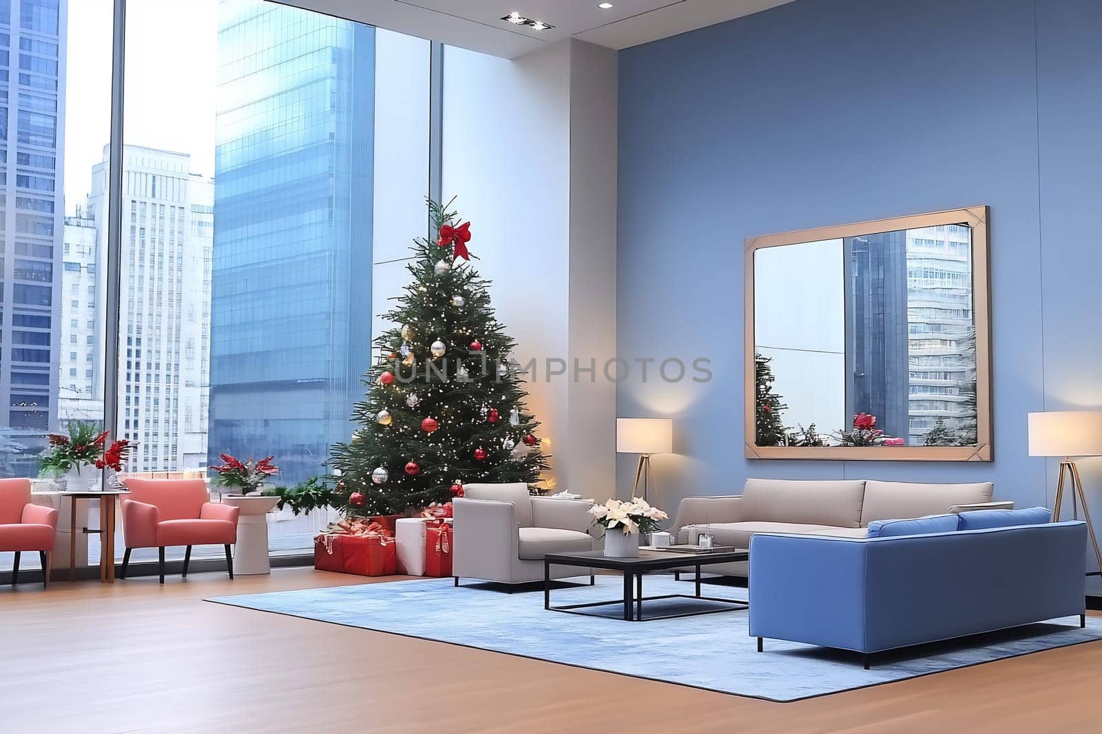 A stylish office lounge decorated for the holidays features a Christmas tree, modern furniture, and large windows showcasing the skyline.
