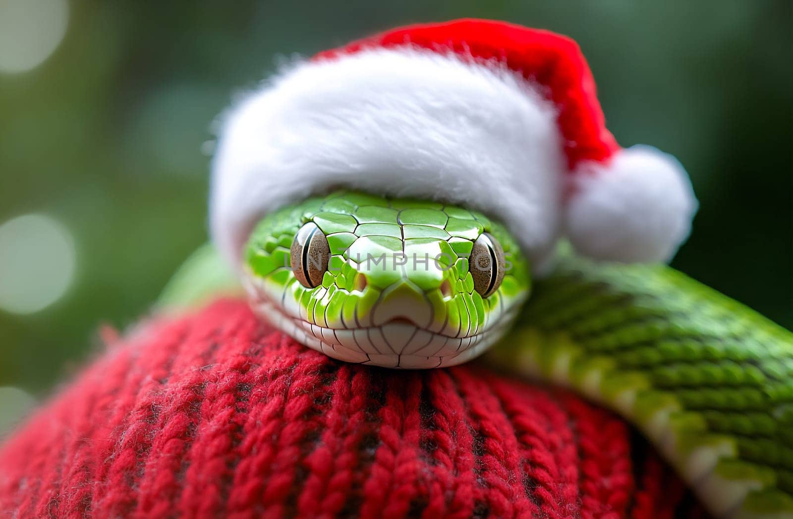 The green snake comfortably lounges on a red sweater, sporting a small Santa hat for a festive touch.