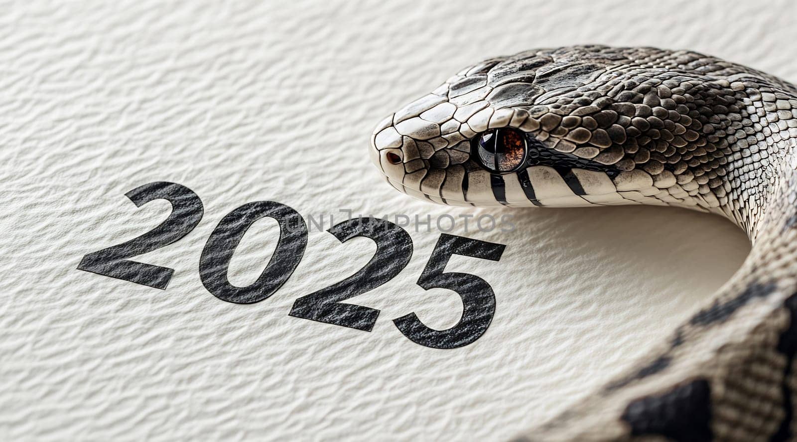 A snake entwines the number 2025 on textured paper, reflecting themes of renewal and the passage of time in a creative display.