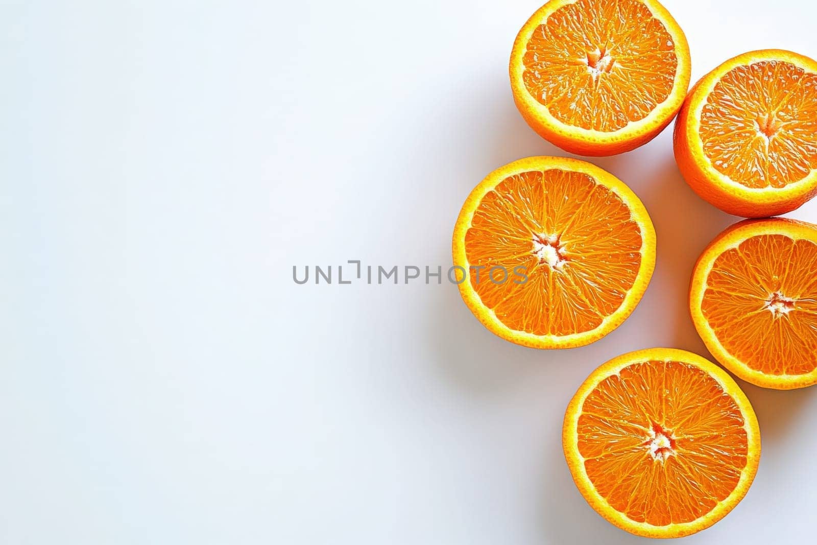 Vibrant and juicy orange slices are arranged artistically on a clean white background, showcasing their freshness. The bright color and texture invite anyone to enjoy a healthy treat or beverage.