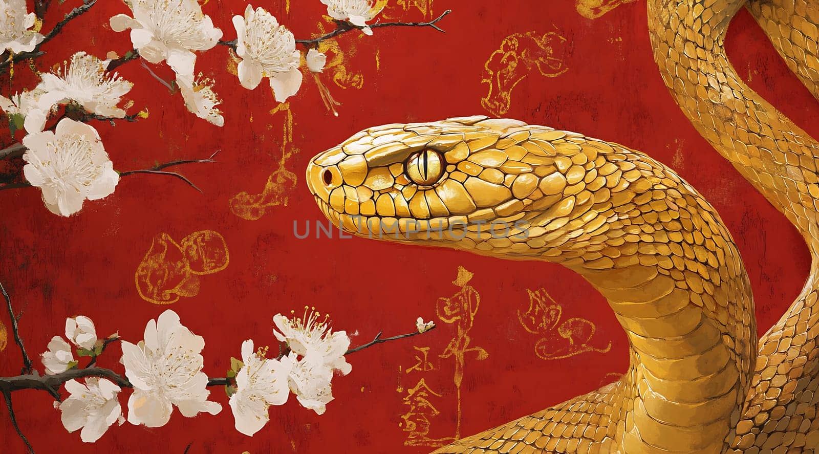 A golden snake gracefully weaves among blooming white flowers, set against a bright red background, showcasing artistic cultural themes.