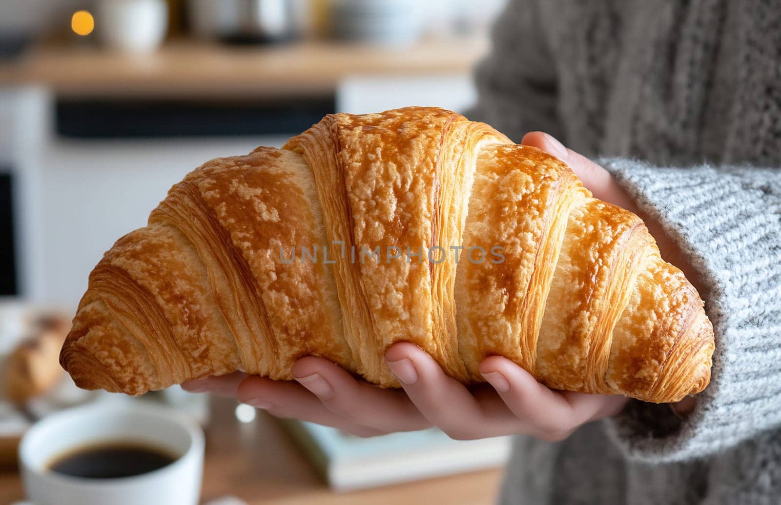 A person in a cozy sweater holds a warm, flaky croissant in a bright kitchen, suggesting a delightful breakfast moment.