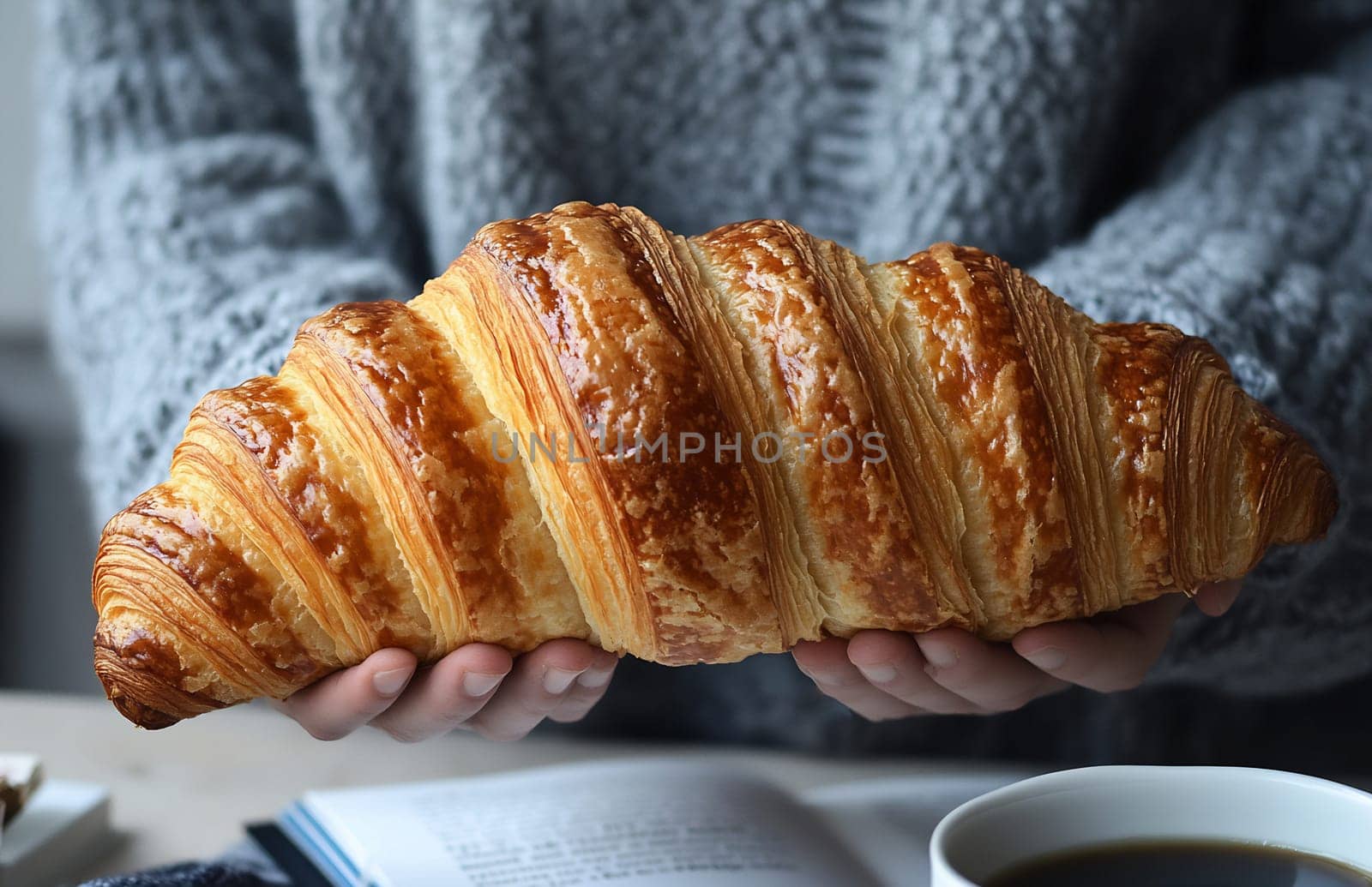 A person holds a golden-brown croissant, showcasing its flaky layers in a warm kitchen setting.