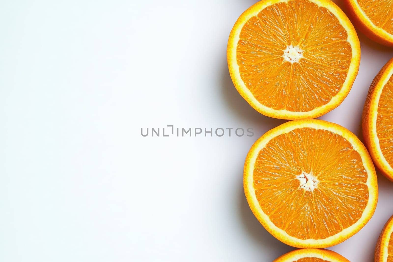 The bright orange slices are arranged neatly on a smooth white background, highlighting their freshness and vibrant color.