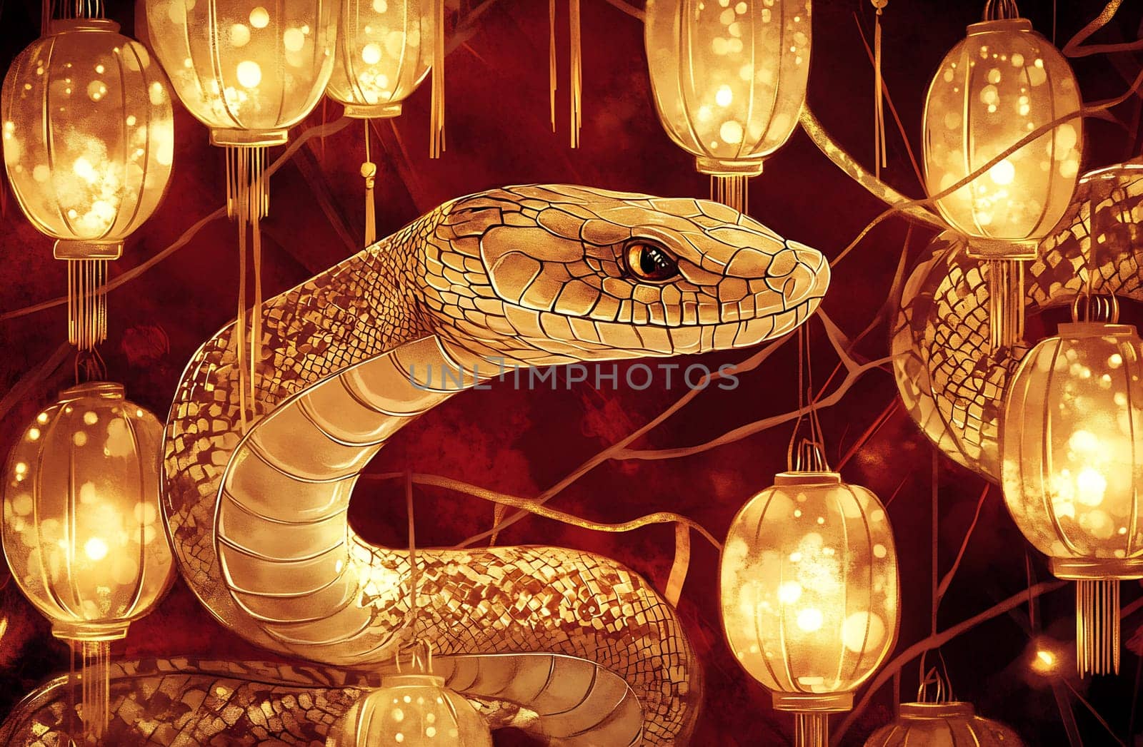 The golden snake coils elegantly through radiant lanterns, illuminating the dark red background with a captivating ambiance.