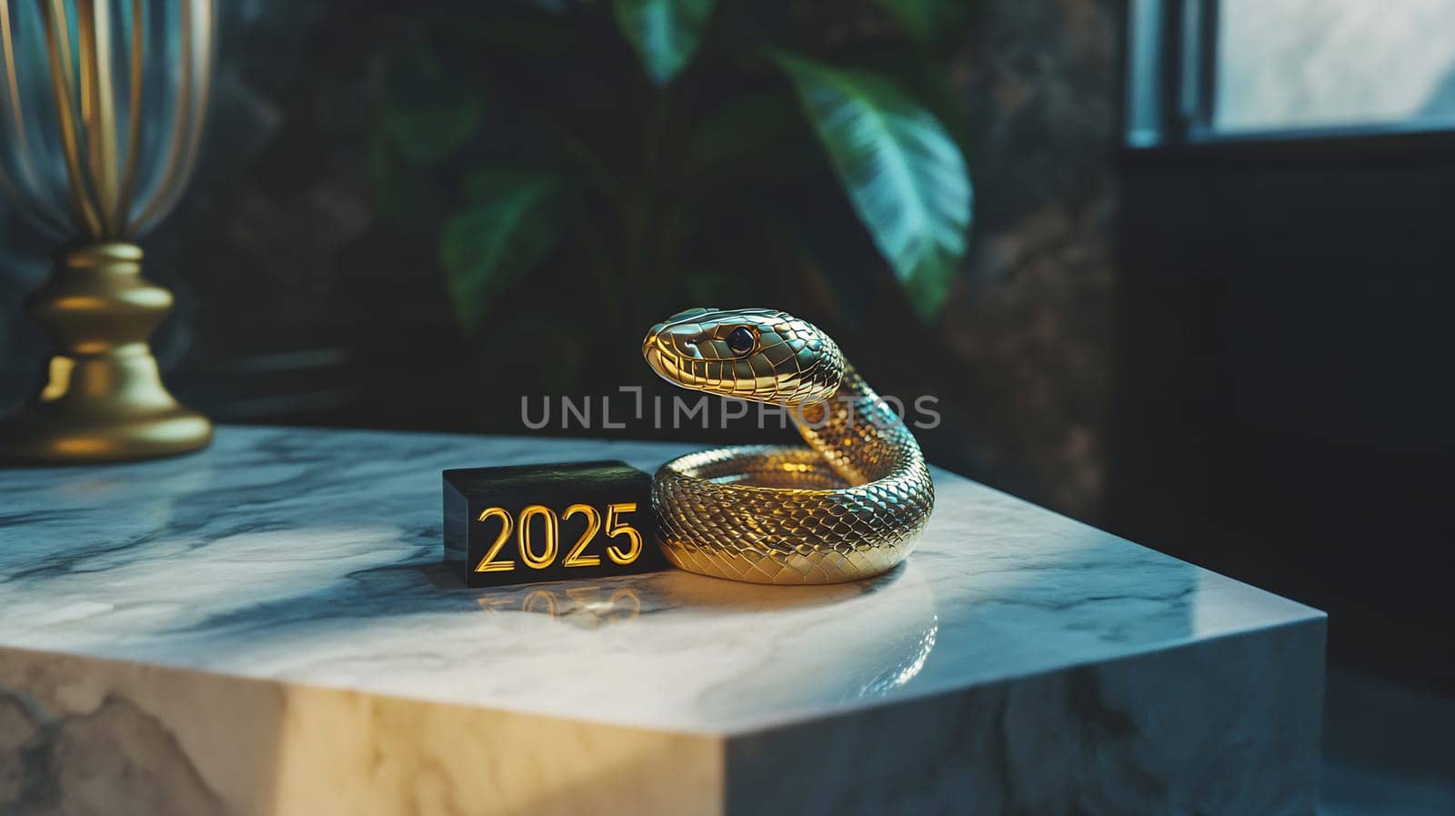 A golden snake figurine is positioned next to a block displaying the year 2025 on a marble table surrounded by indoor greenery.