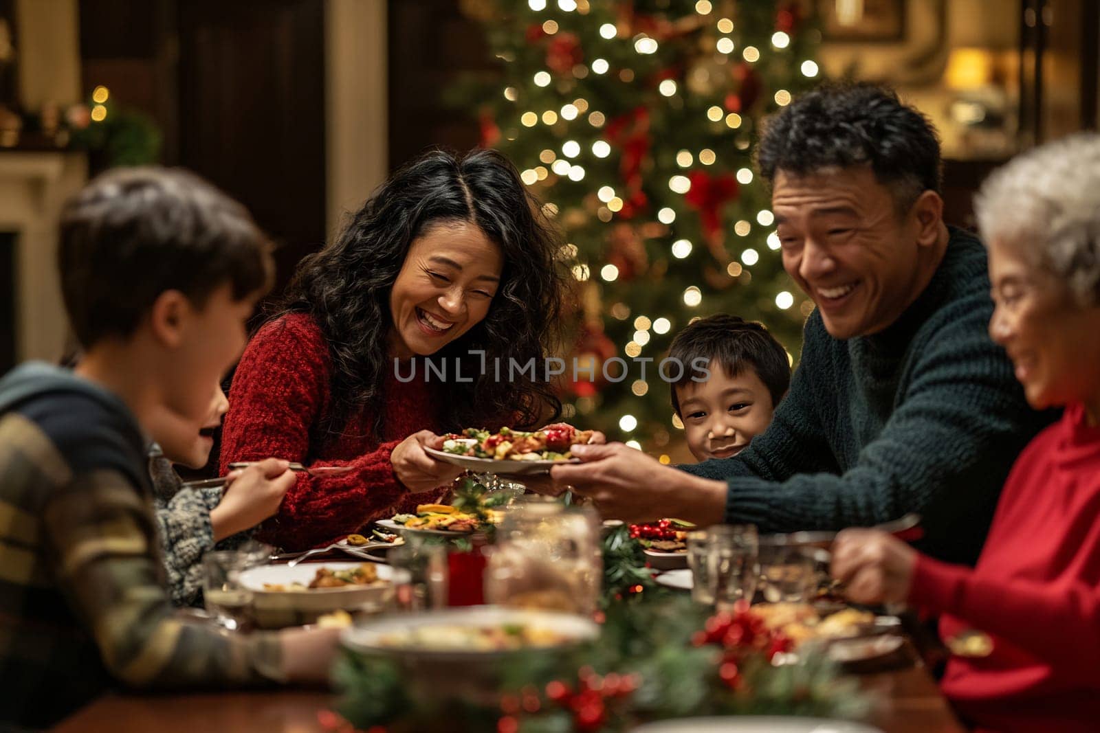 A joyful family celebrates the holidays together, sharing delicious food and laughter in a warmly decorated home.