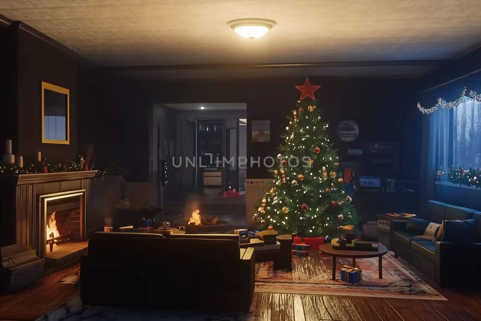 A Christmas tree adorned with lights and ornaments stands in a cozy living room, complemented by a crackling fire on a winter evening.