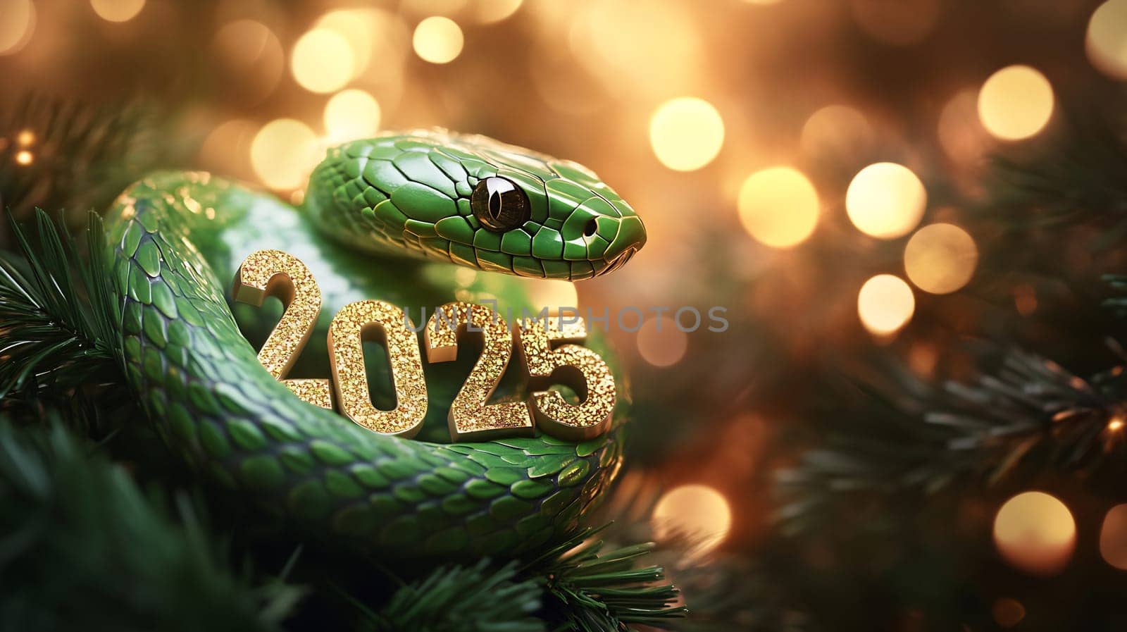 A vibrant green snake rests elegantly on the year 2025, surrounded by twinkling lights, celebrating the arrival of a new year.