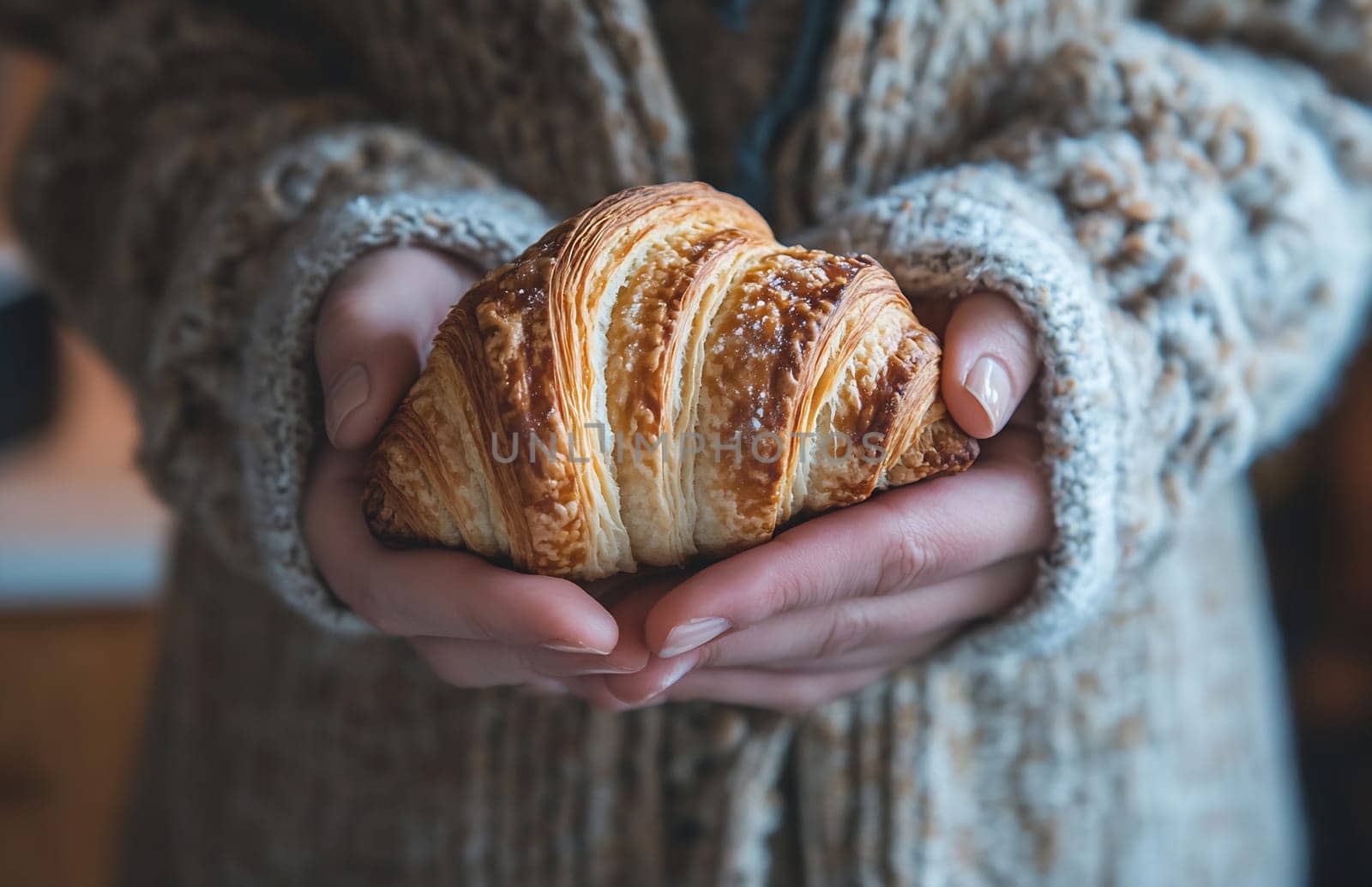 Warm hands cradle a golden croissant, showcasing its flaky texture, in a cozy indoor setting filled with morning light.