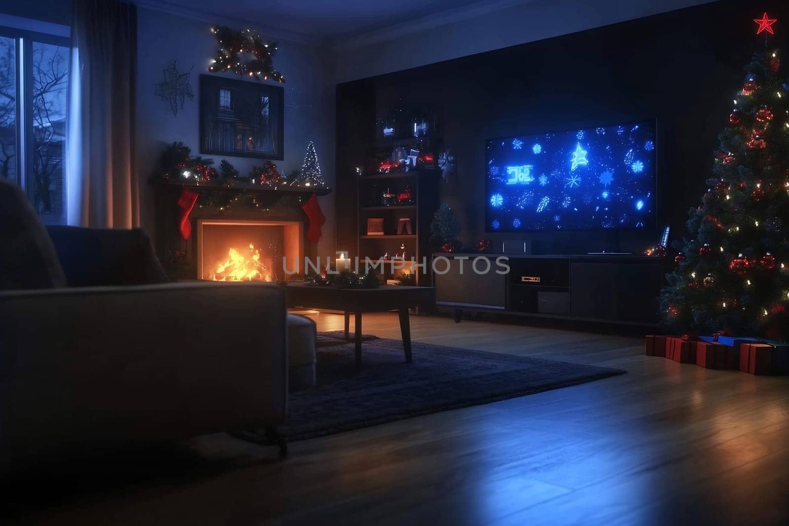 A warm and inviting living room filled with festive decorations, a crackling fireplace, and a beautifully lit Christmas tree in the evening.