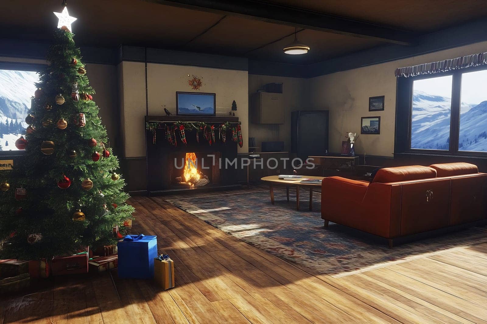This warm and inviting living room features a decorated Christmas tree, a crackling fireplace, and snowy mountains visible outside.