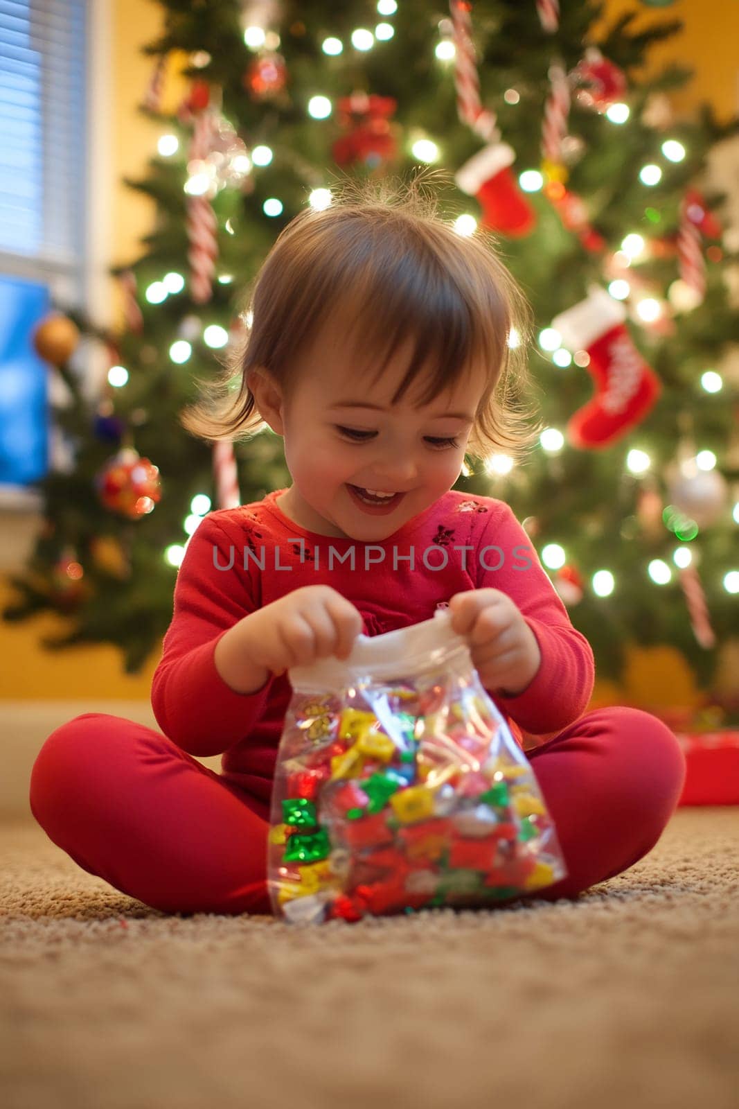 A delighted young child sits on a carpet, discovering vibrant holiday decorations near a beautifully lit Christmas tree.