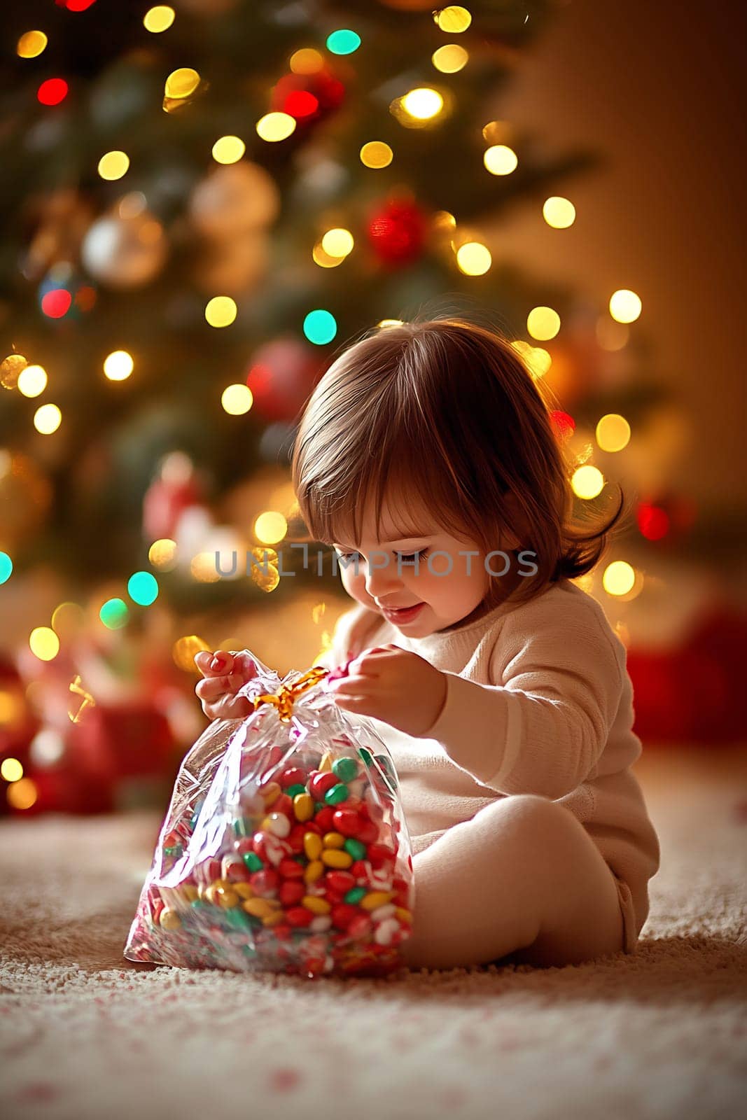 A cheerful child is excitedly unpacking a bag of candy while sitting on a cozy carpet near a decorated Christmas tree.