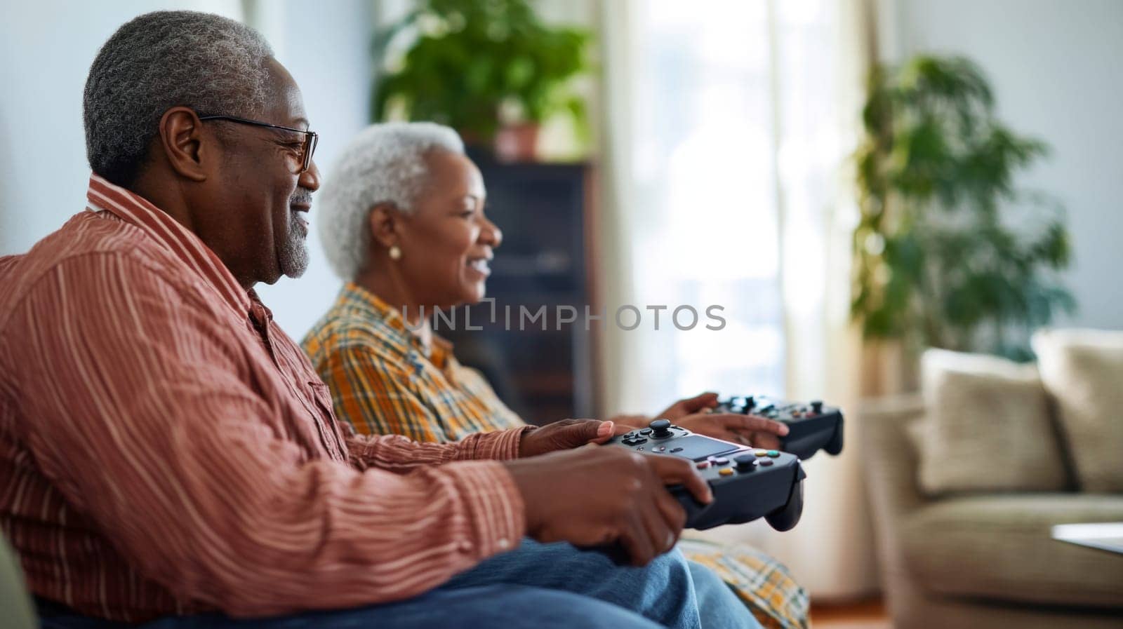 Elderly African American couple enjoying a video game at home, AI Generated