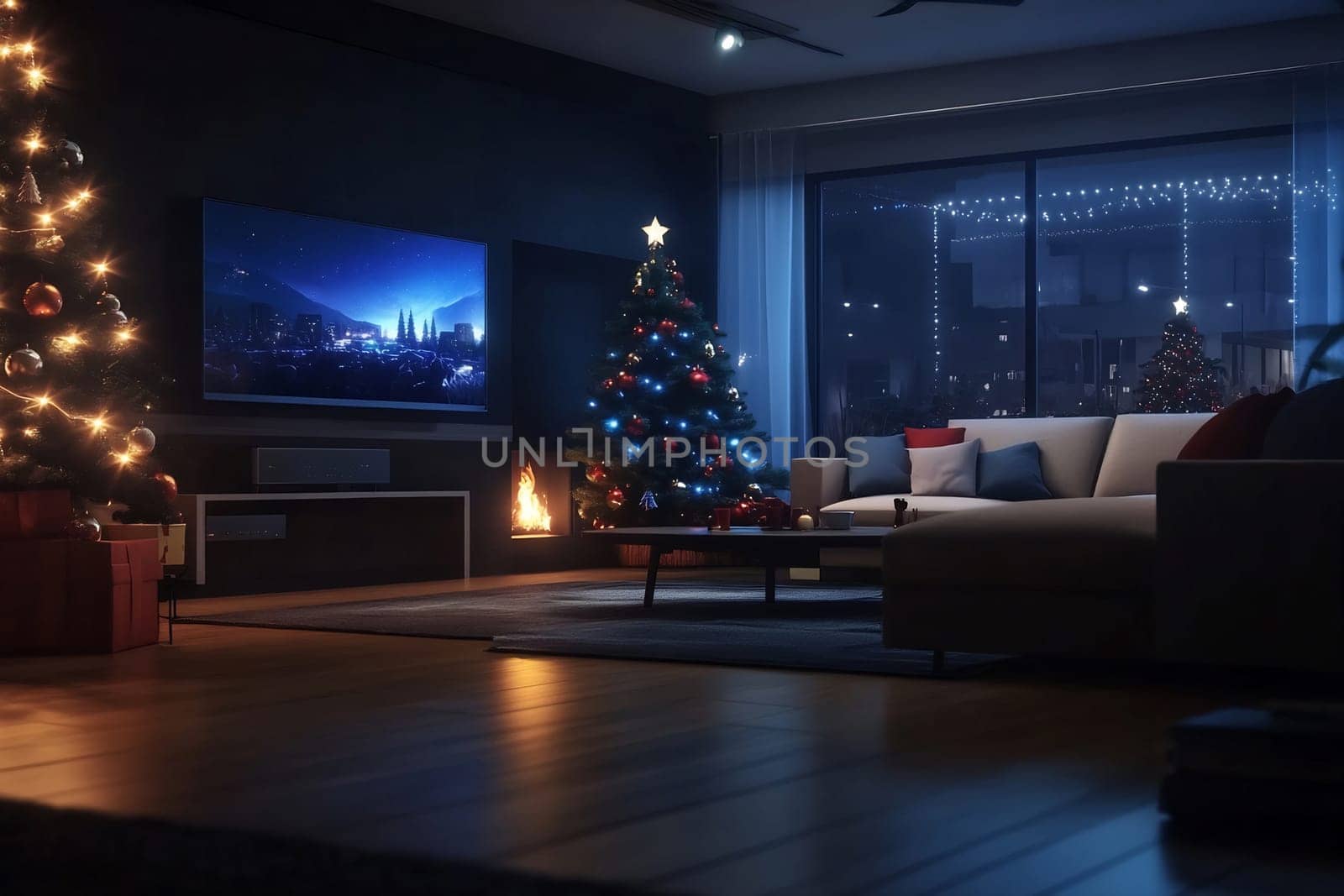 The living room is warmly adorned with a Christmas tree, twinkling lights, and a cozy ambiance on a winter night.