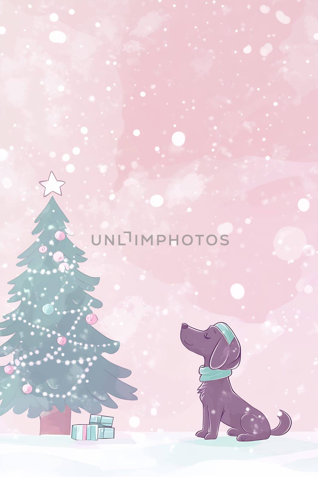 A happy black dog gazes at a sparkling Christmas tree while snowflakes gently fall around, creating a festive atmosphere.