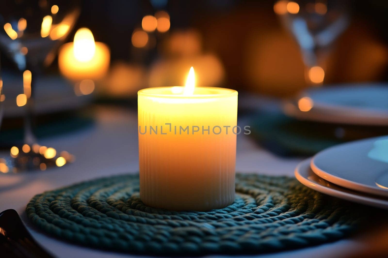 A flickering candle creates a serene ambiance on a beautifully arranged dinner table adorned with sparkling glassware.