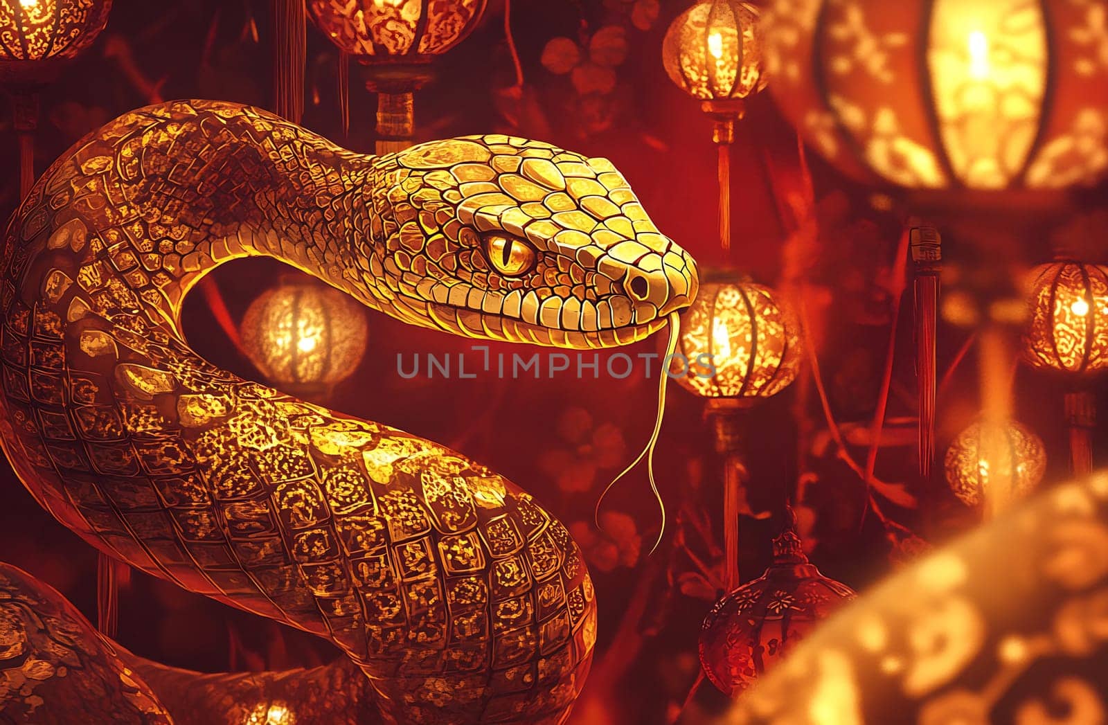 A captivating golden snake slithers through beautifully illuminated lanterns, adding mystery to a vibrant festival atmosphere.