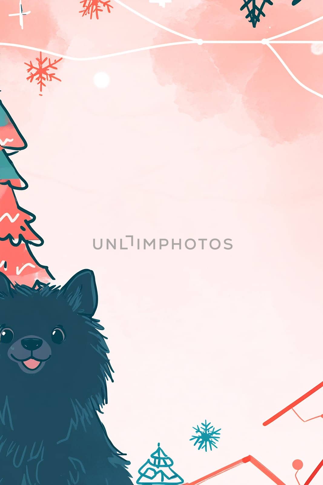 A black dog with a happy expression sits next to a colorful Christmas tree adorned with festive decorations in a playful winter backdrop.