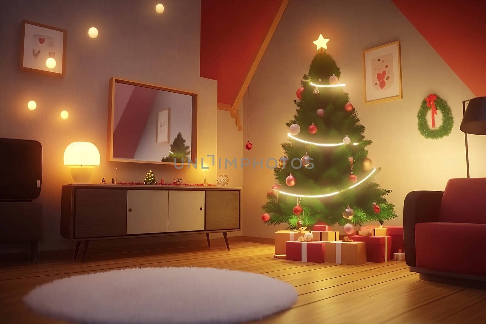 A warmly lit living room features a brightly decorated Christmas tree surrounded by colorful presents, creating a festive atmosphere.