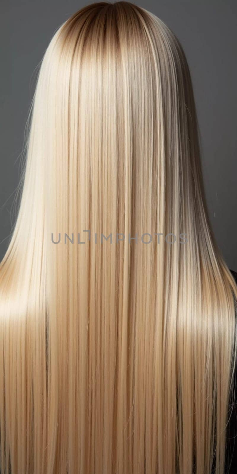 Smooth, straight blond hair flows elegantly down back, highlighting its healthy shine and uniform color, illuminated by soft lighting, creating striking look. Hair care, the effect of cosmetics. AI.