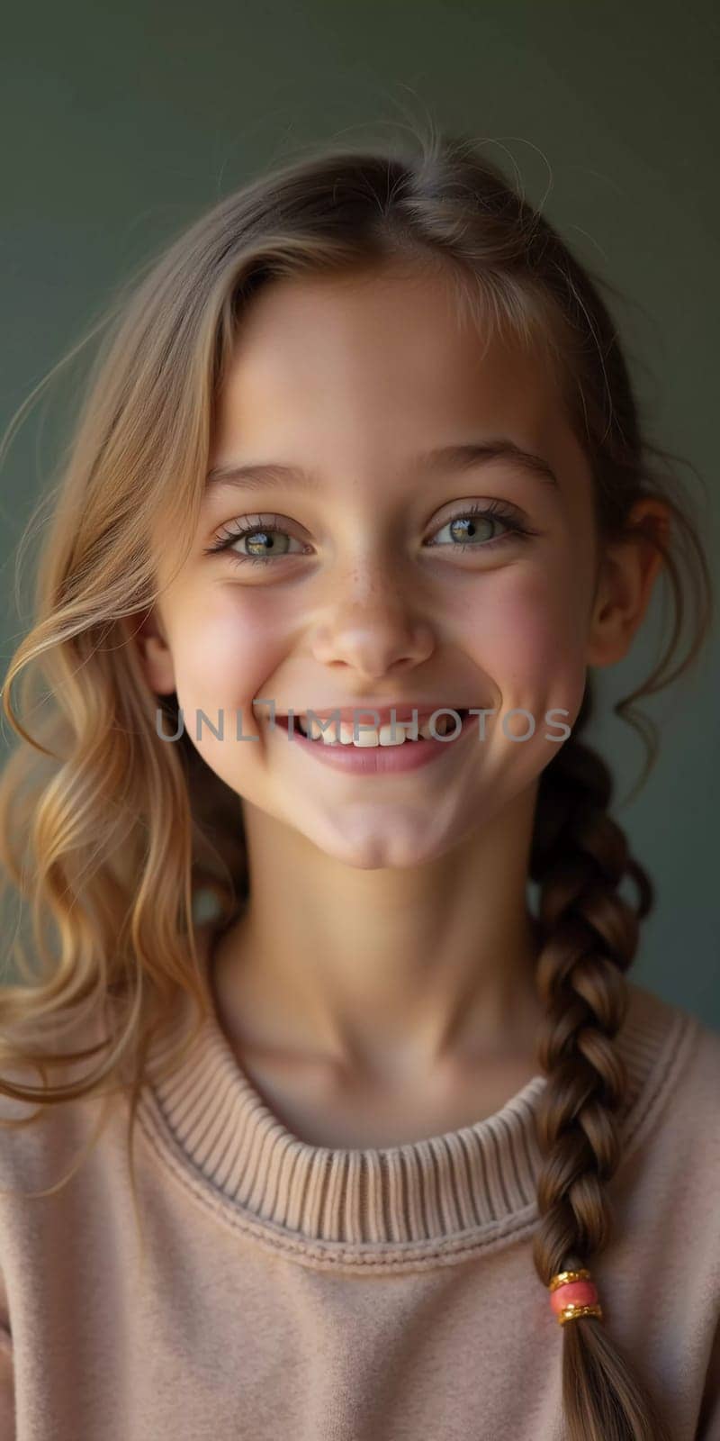 A young Caucasian girl with beautiful eyes and wavy hair stands smiling softly. Her playful demeanor shines through as she poses in a cozy indoor setting in France. Generative AI.