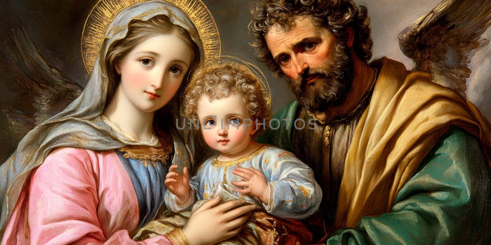 The painting depicts Mary, Joseph and the baby Jesus in a peaceful and holy scene, with Mary cradling Jesus in her arms and Joseph standing protectively by their side.AI generative.